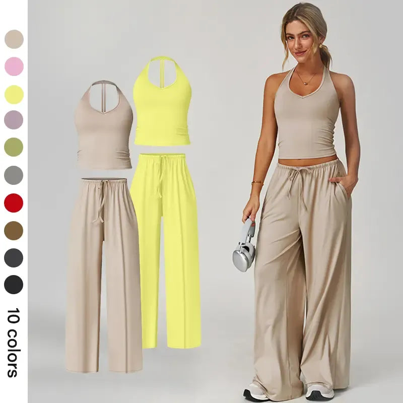 NVWA Women's 2-Piece Athleisure Outfits - Polyester-Silk Fitted Summervibe Sweatsuit, Adjustable V-Neck Strappy Top & Wide Leg Pants, Cooling Quick-Drying Breathable Figure-Flattering Women's Clothes, Workout Sets for Gym & Travel,summerwins