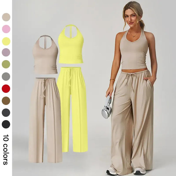 NVWA Women's 2-Piece Athleisure Outfits - Polyester-Silk Fitted Summervibe Sweatsuit, Adjustable V-Neck Strappy Top & Wide Leg Pants, Cooling Quick-Drying Breathable Figure-Flattering Women's Clothes, Workout Sets for Gym & Travel,summerwins