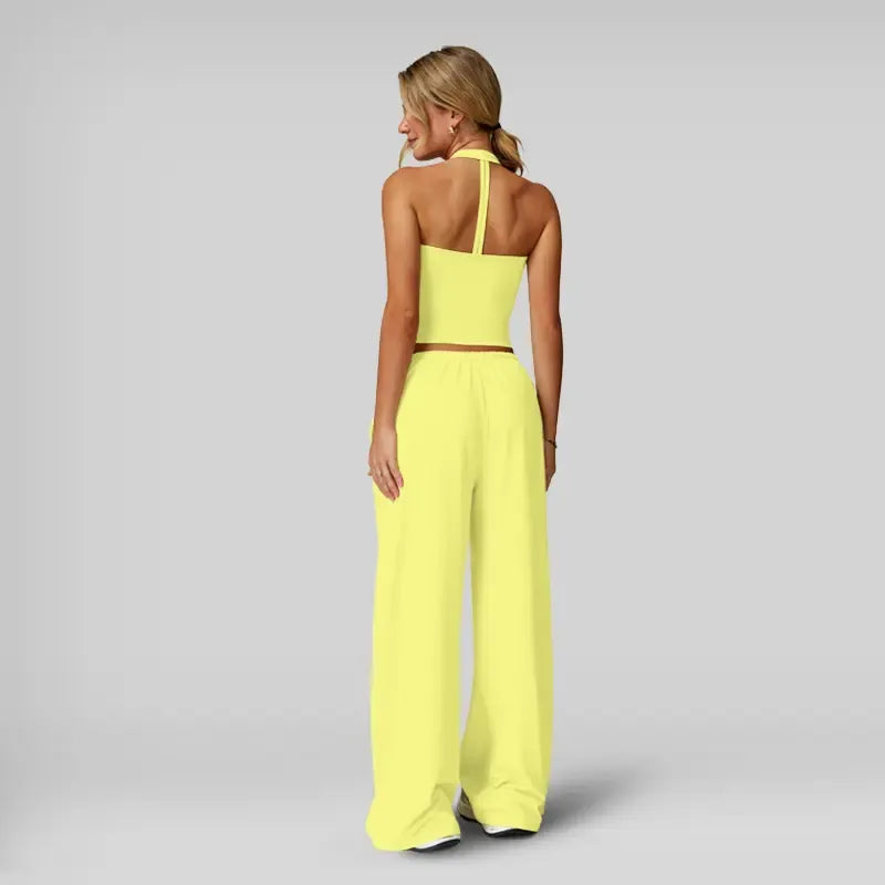 NVWA Women's 2-Piece Athleisure Outfits - Polyester-Silk Fitted Summervibe Sweatsuit, Adjustable V-Neck Strappy Top & Wide Leg Pants, Cooling Quick-Drying Breathable Figure-Flattering Women's Clothes, Workout Sets for Gym & Travel,summerwins