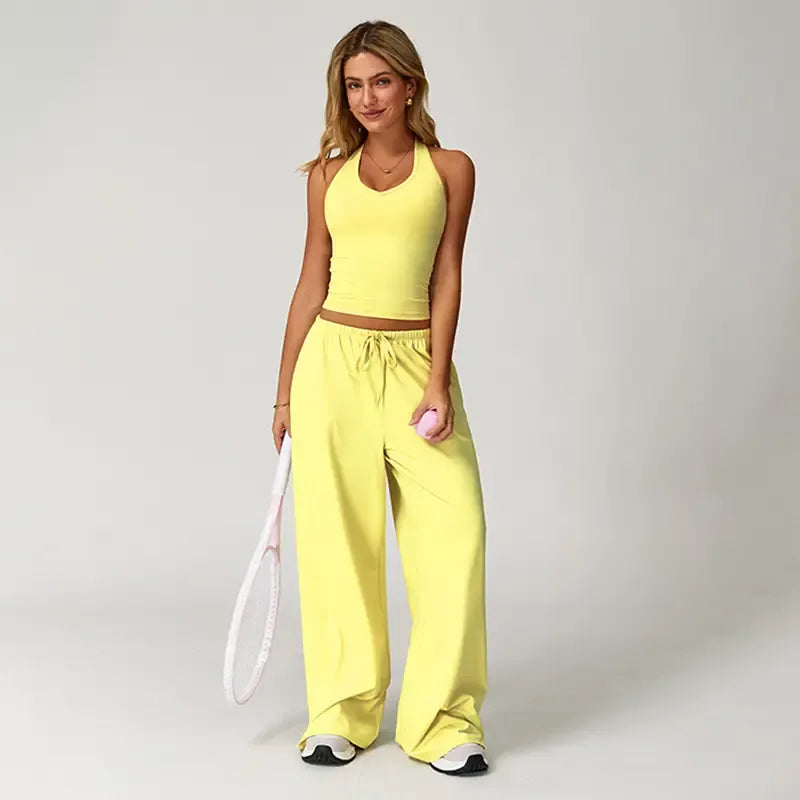 NVWA Women's 2-Piece Athleisure Outfits - Polyester-Silk Fitted Summervibe Sweatsuit, Adjustable V-Neck Strappy Top & Wide Leg Pants, Cooling Quick-Drying Breathable Figure-Flattering Women's Clothes, Workout Sets for Gym & Travel,summerwins