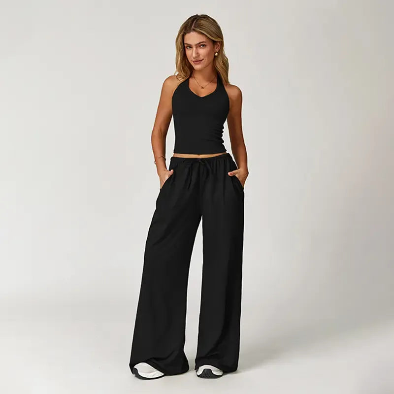NVWA Women's 2-Piece Athleisure Outfits - Polyester-Silk Fitted Summervibe Sweatsuit, Adjustable V-Neck Strappy Top & Wide Leg Pants, Cooling Quick-Drying Breathable Figure-Flattering Women's Clothes, Workout Sets for Gym & Travel,summerwins