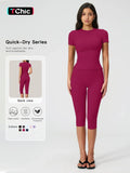 Breathable Tight Yoga Set, Quick-Dry Fitness Wear, Versatile Short Sleeve Tee & High Waist Capri Pants, Sporty Outfit for All SeasonsV