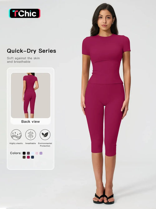 Breathable Tight Yoga Set, Quick-Dry Fitness Wear, Versatile Short Sleeve Tee & High Waist Capri Pants, Sporty Outfit for All SeasonsV