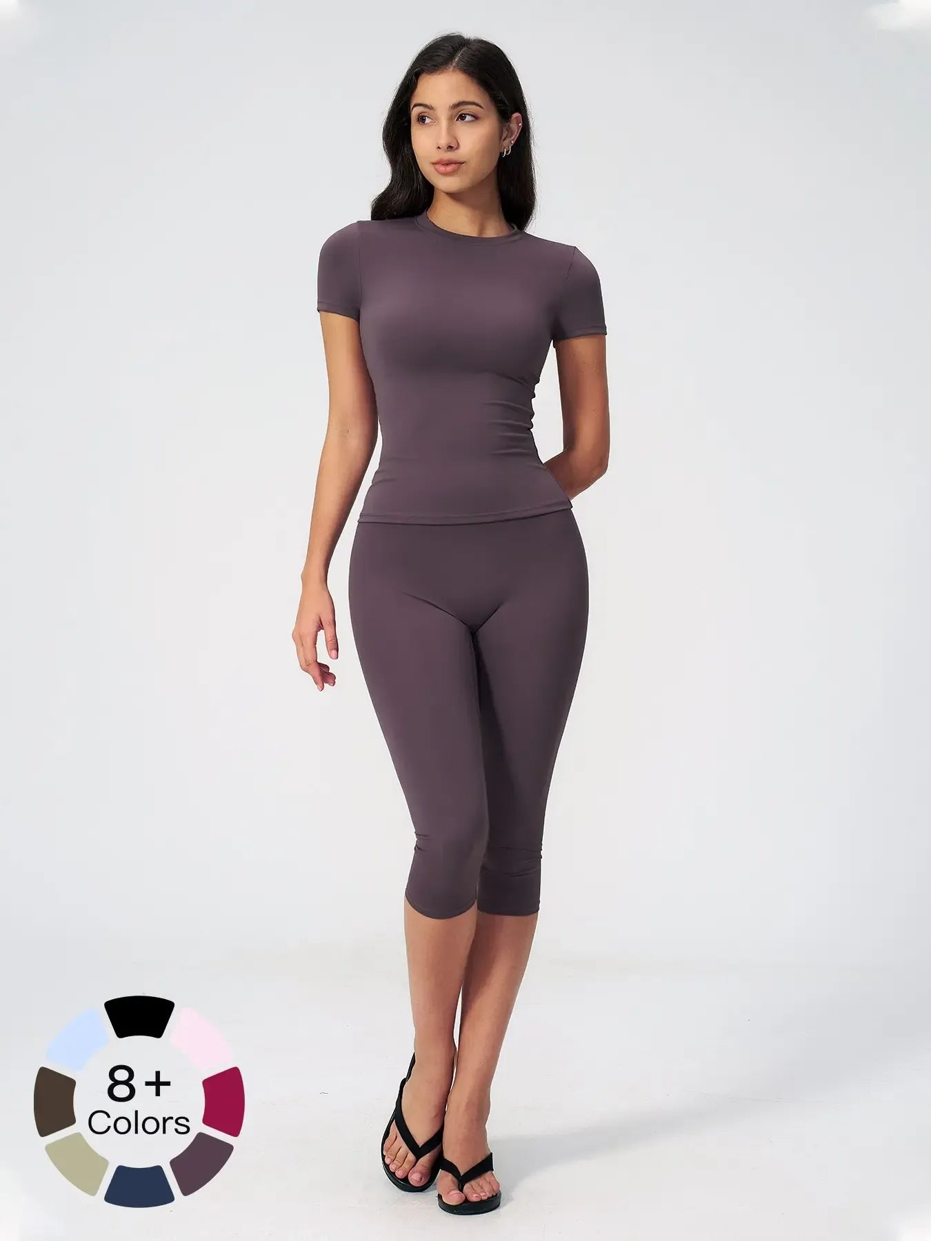 Breathable Tight Yoga Set, Quick-Dry Fitness Wear, Versatile Short Sleeve Tee & High Waist Capri Pants, Sporty Outfit for All SeasonsV