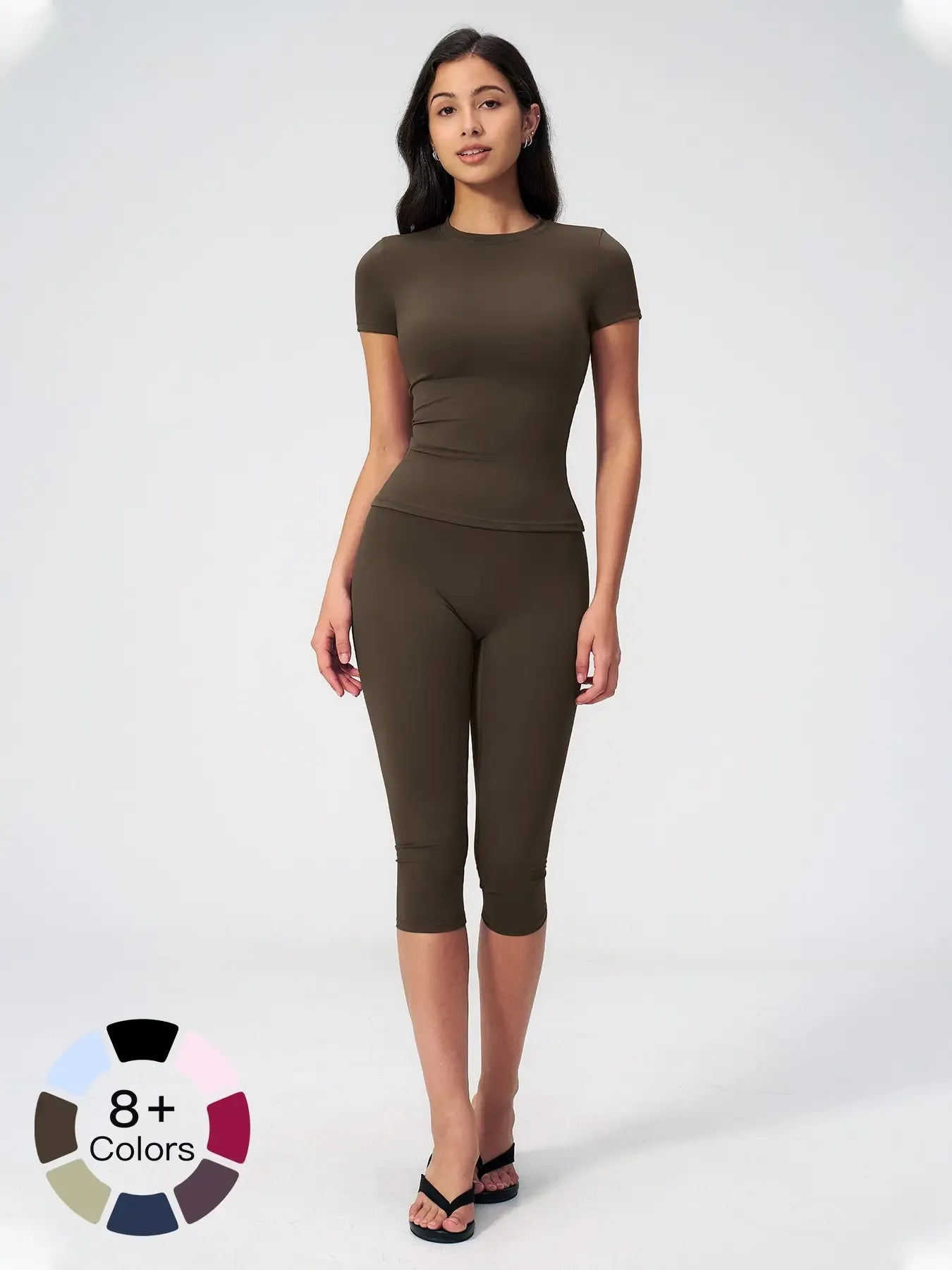Breathable Tight Yoga Set, Quick-Dry Fitness Wear, Versatile Short Sleeve Tee & High Waist Capri Pants, Sporty Outfit for All SeasonsV