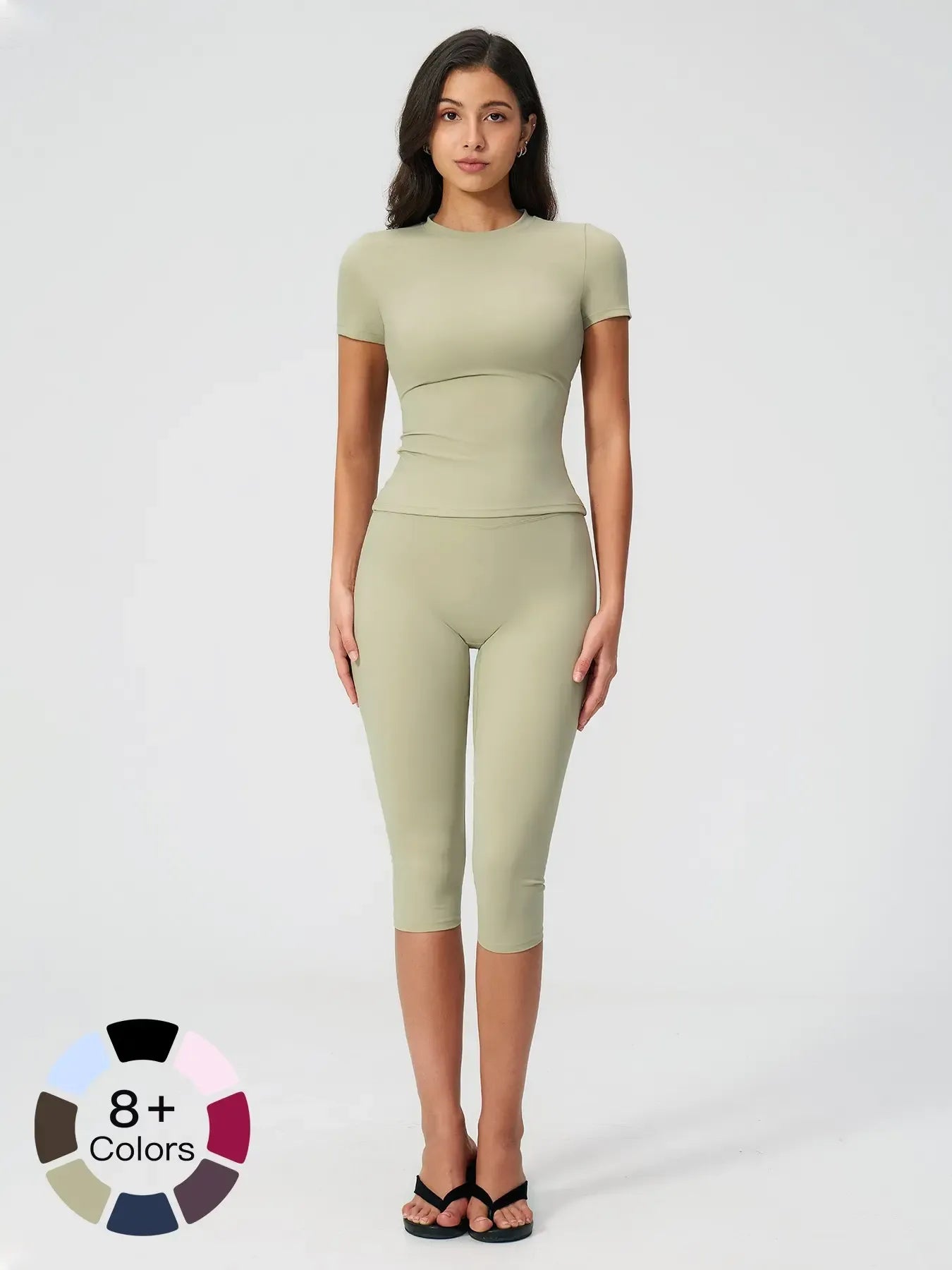 Breathable Tight Yoga Set, Quick-Dry Fitness Wear, Versatile Short Sleeve Tee & High Waist Capri Pants, Sporty Outfit for All SeasonsV