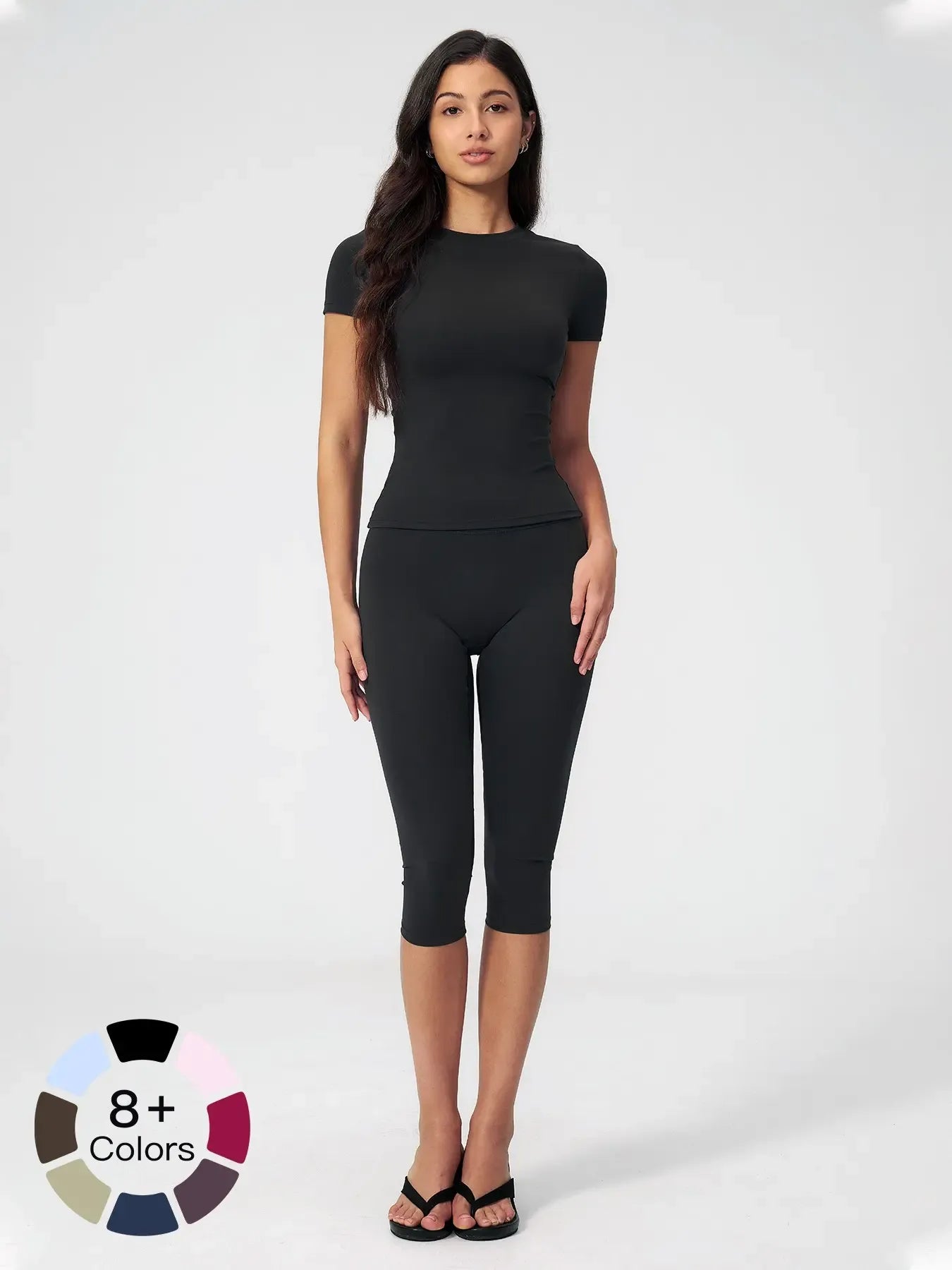Breathable Tight Yoga Set, Quick-Dry Fitness Wear, Versatile Short Sleeve Tee & High Waist Capri Pants, Sporty Outfit for All SeasonsV