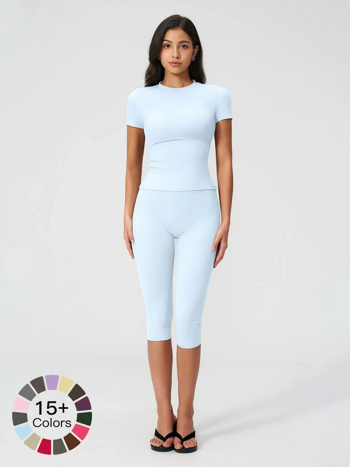 Breathable Tight Yoga Set, Quick-Dry Fitness Wear, Versatile Short Sleeve Tee & High Waist Capri Pants, Sporty Outfit for All SeasonsV