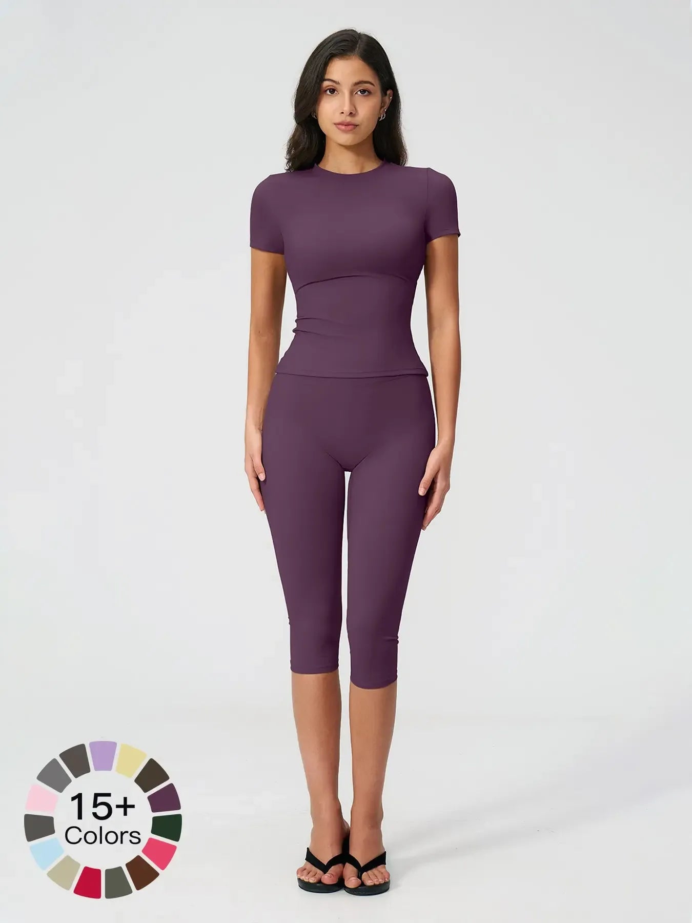 Breathable Tight Yoga Set, Quick-Dry Fitness Wear, Versatile Short Sleeve Tee & High Waist Capri Pants, Sporty Outfit for All SeasonsV