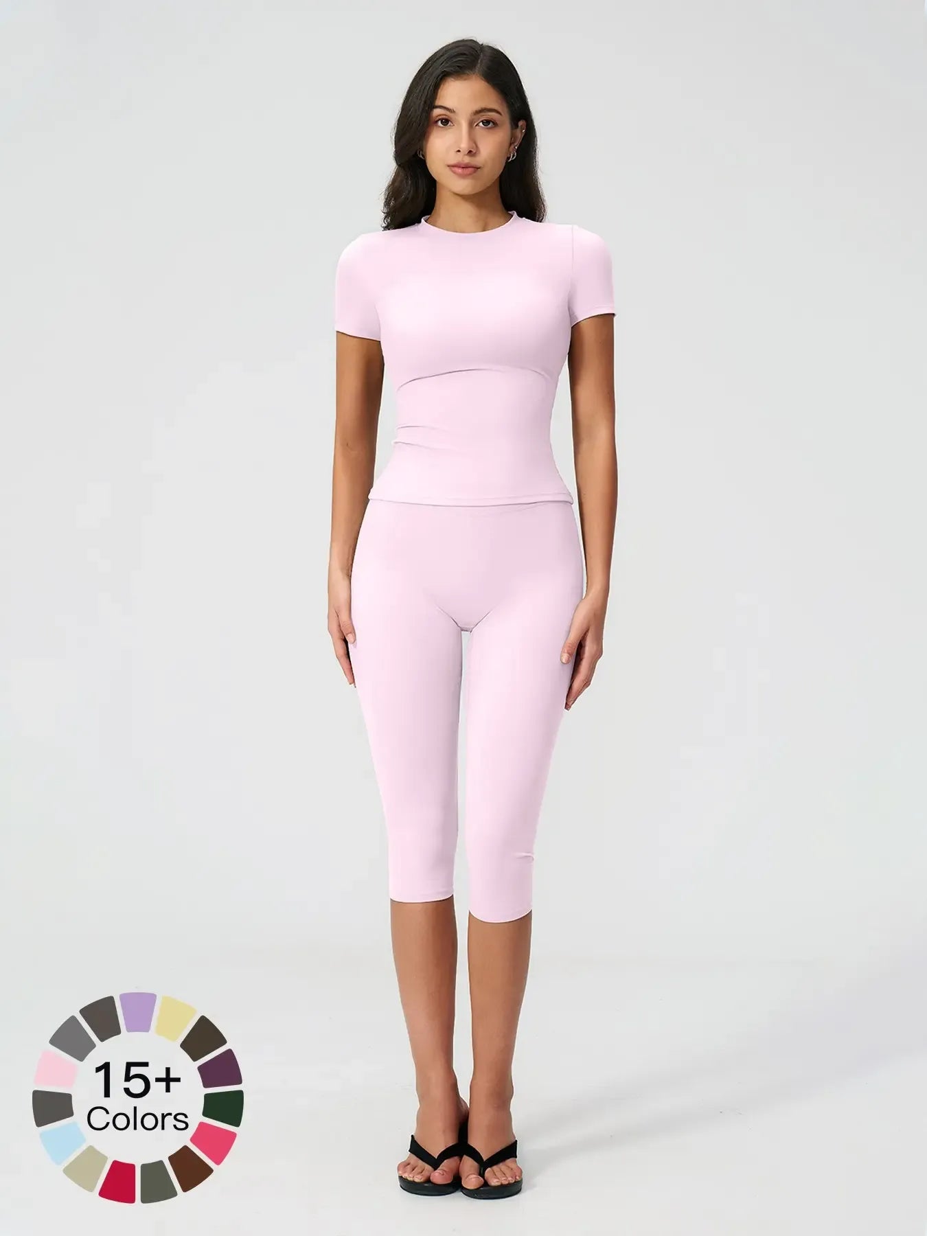 Breathable Tight Yoga Set, Quick-Dry Fitness Wear, Versatile Short Sleeve Tee & High Waist Capri Pants, Sporty Outfit for All SeasonsV