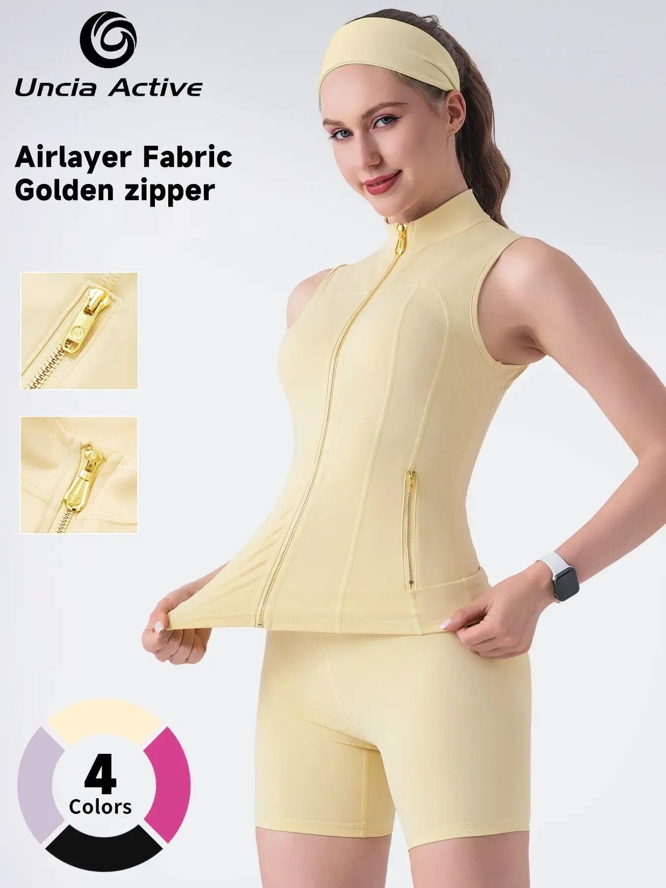 UnciaActive Gold-Color zipper Vest & Shorts Set - Minimalist Women's Tracksuit tracksuits for men Workout & Yoga - Airlayer Fabric & High Elasticity - Basic / tracksuit set - workout sets women - gym outfits - gym shorts - bikershorts Clothes