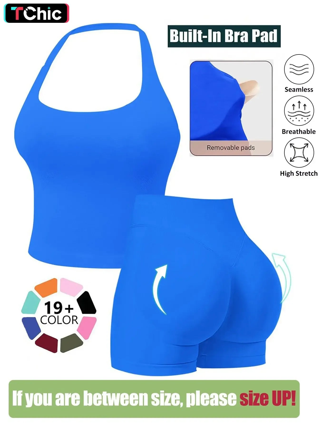 Seamless Workout Sets for Women, Halter Tank Top & Gym Scrunched Shorts Sports Set, Sporty Breathable Quick Drying Outfits for Yoga Gym Workout Running, Ladies Sportswear for Summer