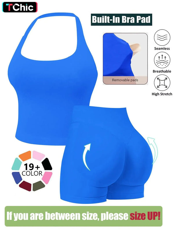 Seamless Workout Sets for Women, Halter Tank Top & Gym Scrunched Shorts Sports Set, Sporty Breathable Quick Drying Outfits for Yoga Gym Workout Running, Ladies Sportswear for Summer