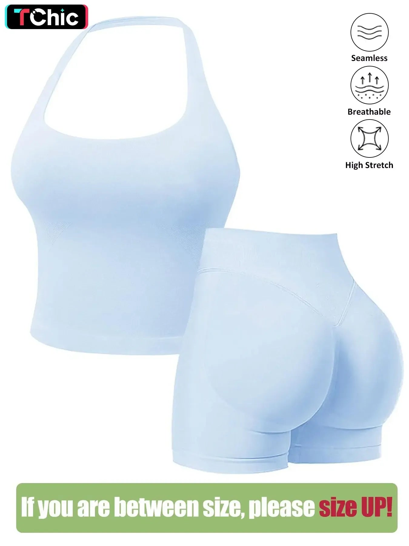 Seamless Workout Sets for Women, Halter Tank Top & Gym Scrunched Shorts Sports Set, Sporty Breathable Quick Drying Outfits for Yoga Gym Workout Running, Ladies Sportswear for Summer