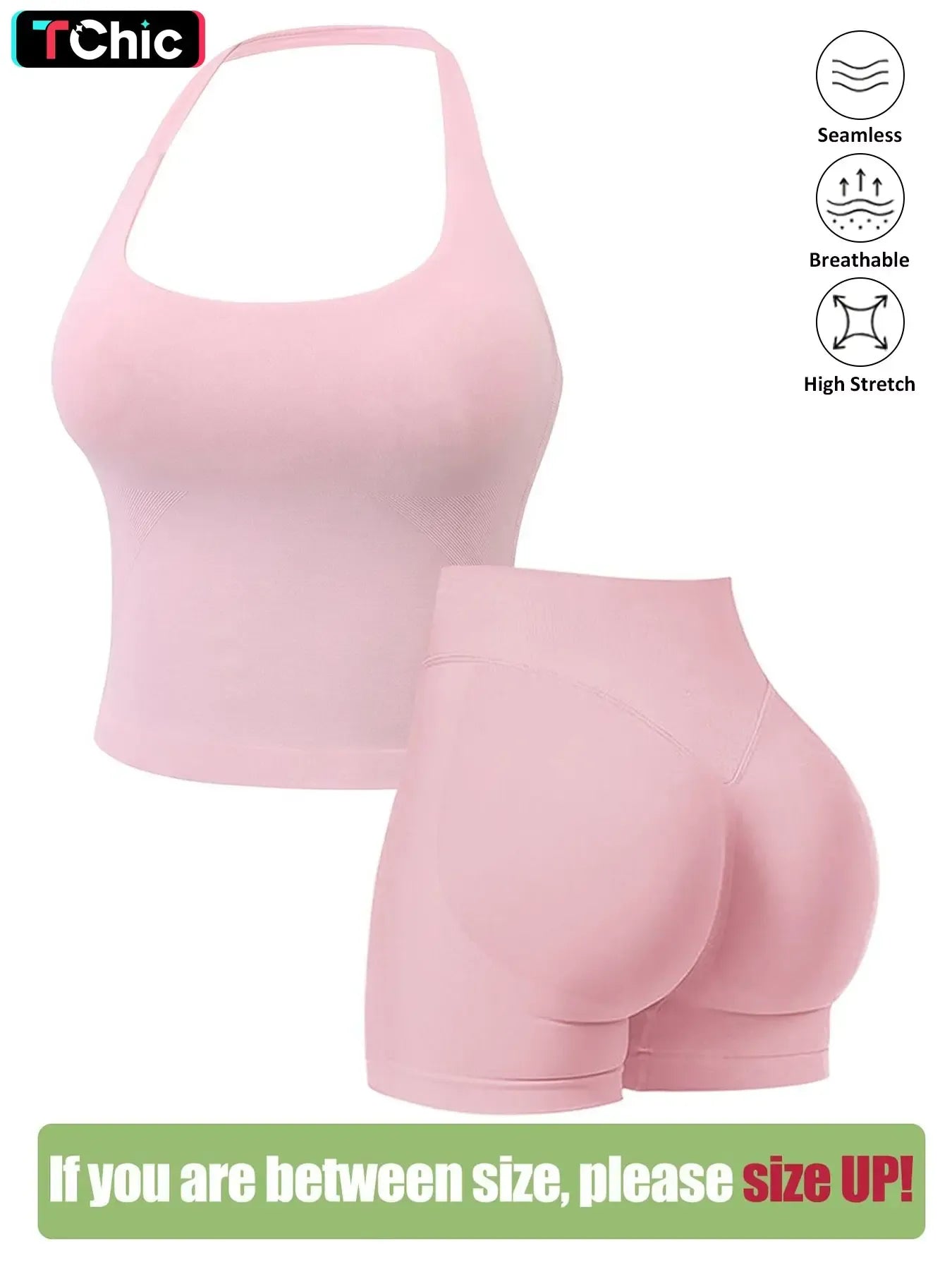 Seamless Workout Sets for Women, Halter Tank Top & Gym Scrunched Shorts Sports Set, Sporty Breathable Quick Drying Outfits for Yoga Gym Workout Running, Ladies Sportswear for Summer