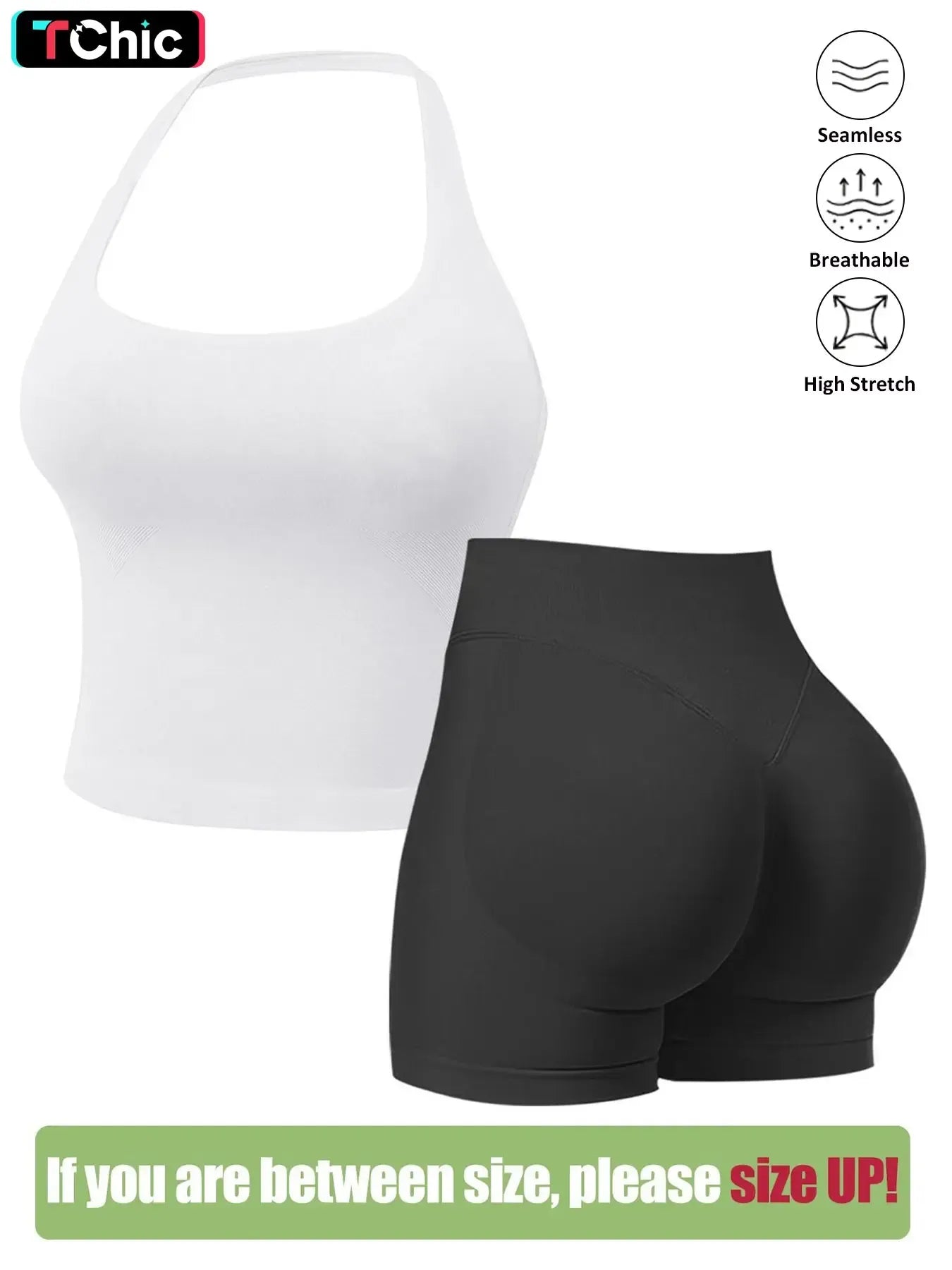 Seamless Workout Sets for Women, Halter Tank Top & Gym Scrunched Shorts Sports Set, Sporty Breathable Quick Drying Outfits for Yoga Gym Workout Running, Ladies Sportswear for Summer