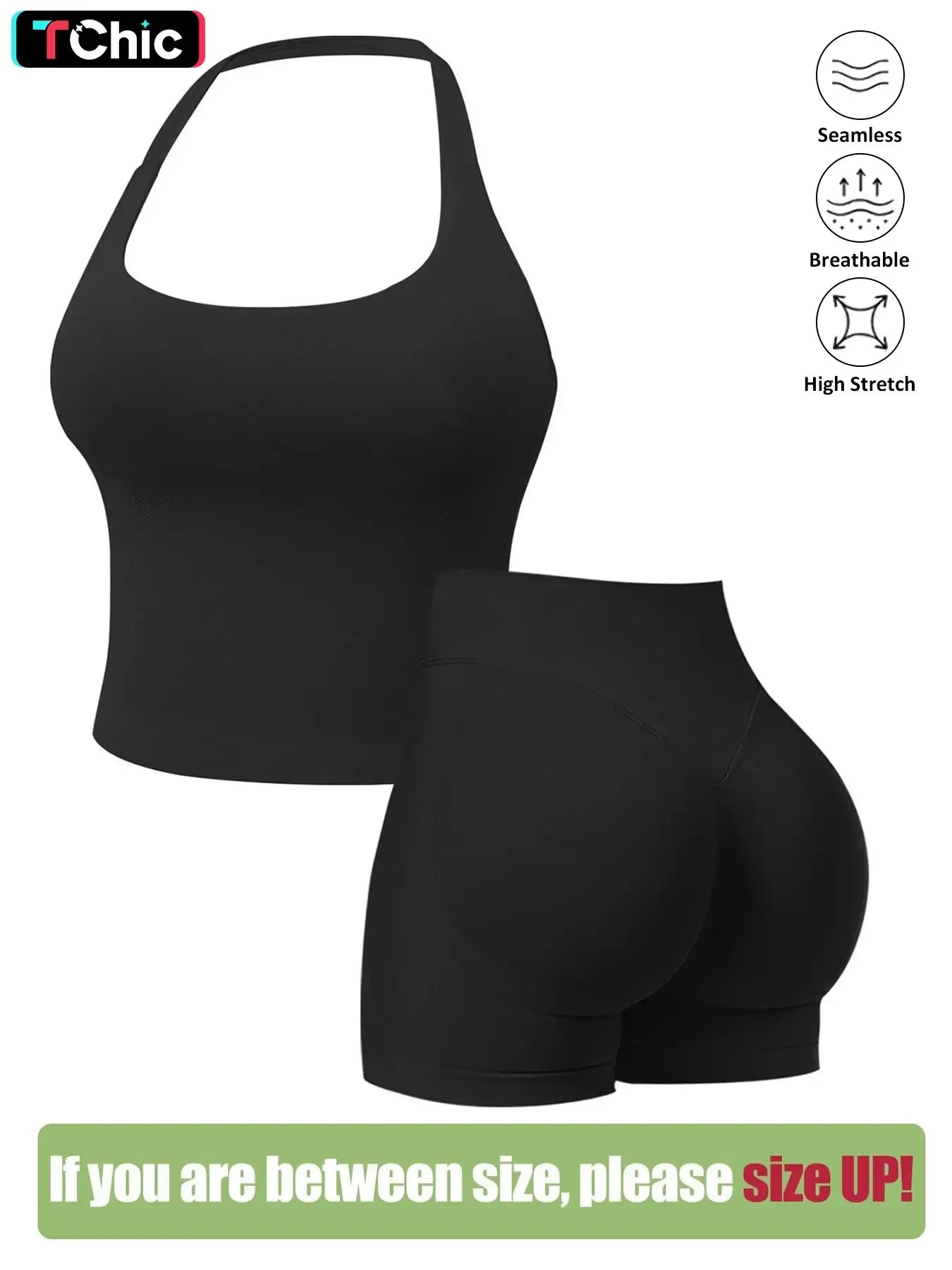 Seamless Workout Sets for Women, Halter Tank Top & Gym Scrunched Shorts Sports Set, Sporty Breathable Quick Drying Outfits for Yoga Gym Workout Running, Ladies Sportswear for Summer