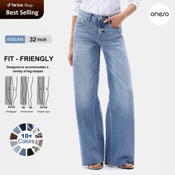 ONESO Women Mid Rise High Stretchy BBL Jeans Butt Lifting Wide Leg Raw Hem Denim Pants Tummy Control Spring Basic Minimalist Woman Denim Bottom Comfortable Denim Jeans OSW8019 Plus Size Regular Size Fashion Daily Outfits DIY Inseams #SummerVibes