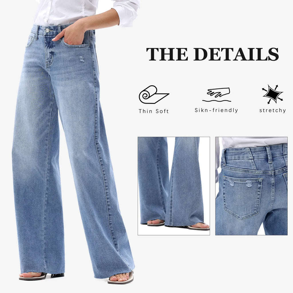 ONESO Women Mid Rise High Stretchy BBL Jeans Butt Lifting Wide Leg Raw Hem Denim Pants Tummy Control Spring Basic Minimalist Woman Denim Bottom Comfortable Denim Jeans OSW8019 Plus Size Regular Size Fashion Daily Outfits DIY Inseams #SummerVibes
