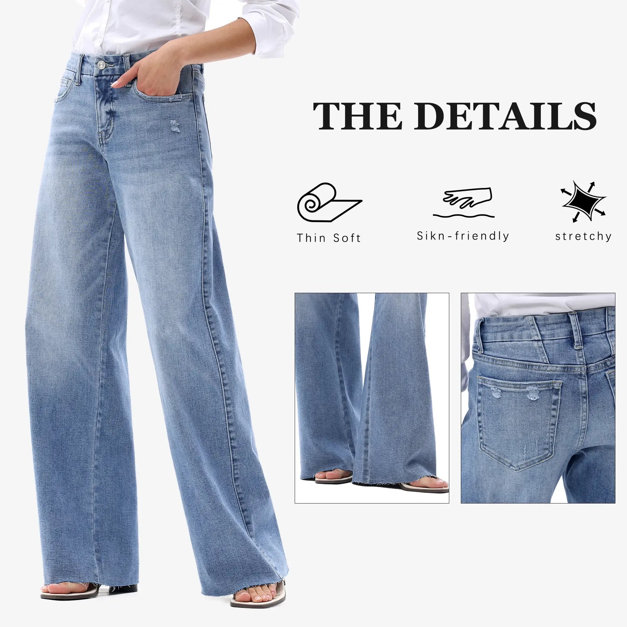 ONESO Women Mid Rise High Stretchy BBL Jeans Butt Lifting Wide Leg Raw Hem Denim Pants Tummy Control Spring Basic Minimalist Woman Denim Bottom Comfortable Denim Jeans OSW8019 Plus Size Regular Size Fashion Daily Outfits DIY Inseams #SummerVibes