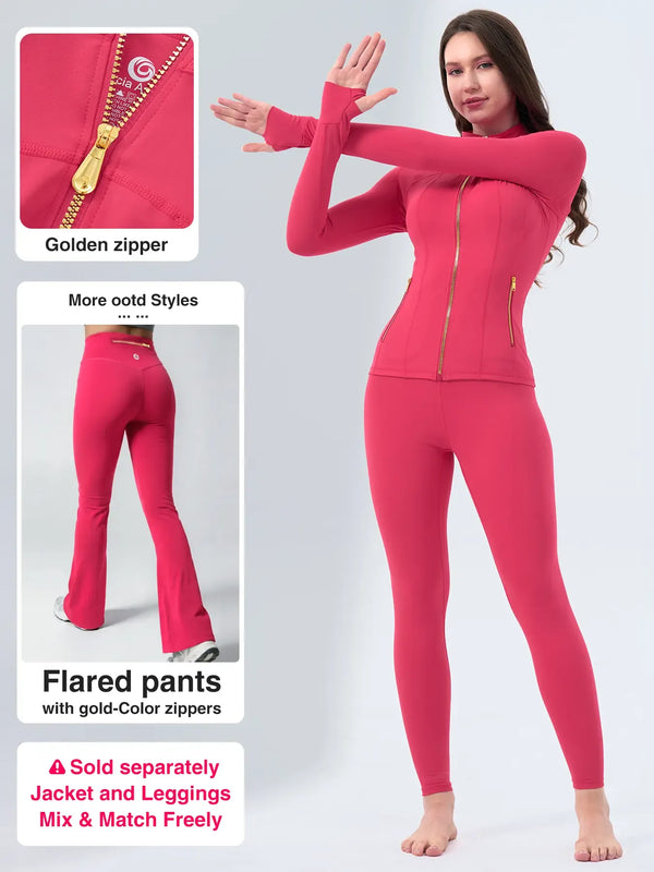 【Gold-Color zipper】Soft Brushed Women's Sporty Jacket, 25'' Inseam Leggings. Gold-Color zipper Jacket with Pockets, Yoga Pants, Thumbholes Design, Casual Wear for Women Sweat Suit Active Dresse Set