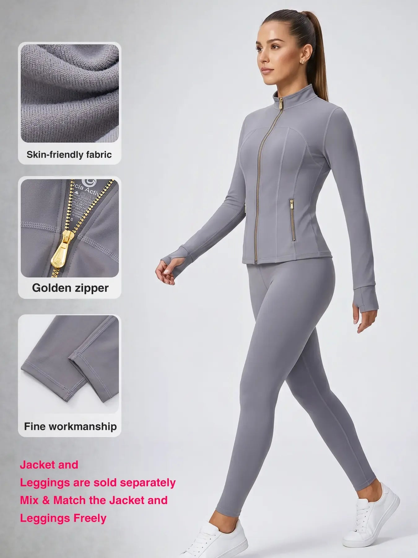 【Gold-Color zipper】Soft Brushed Women's Sporty Jacket, 25'' Inseam Leggings. Gold-Color zipper Jacket with Pockets, Yoga Pants, Thumbholes Design, Casual Wear for Women Sweat Suit Active Dresse Set