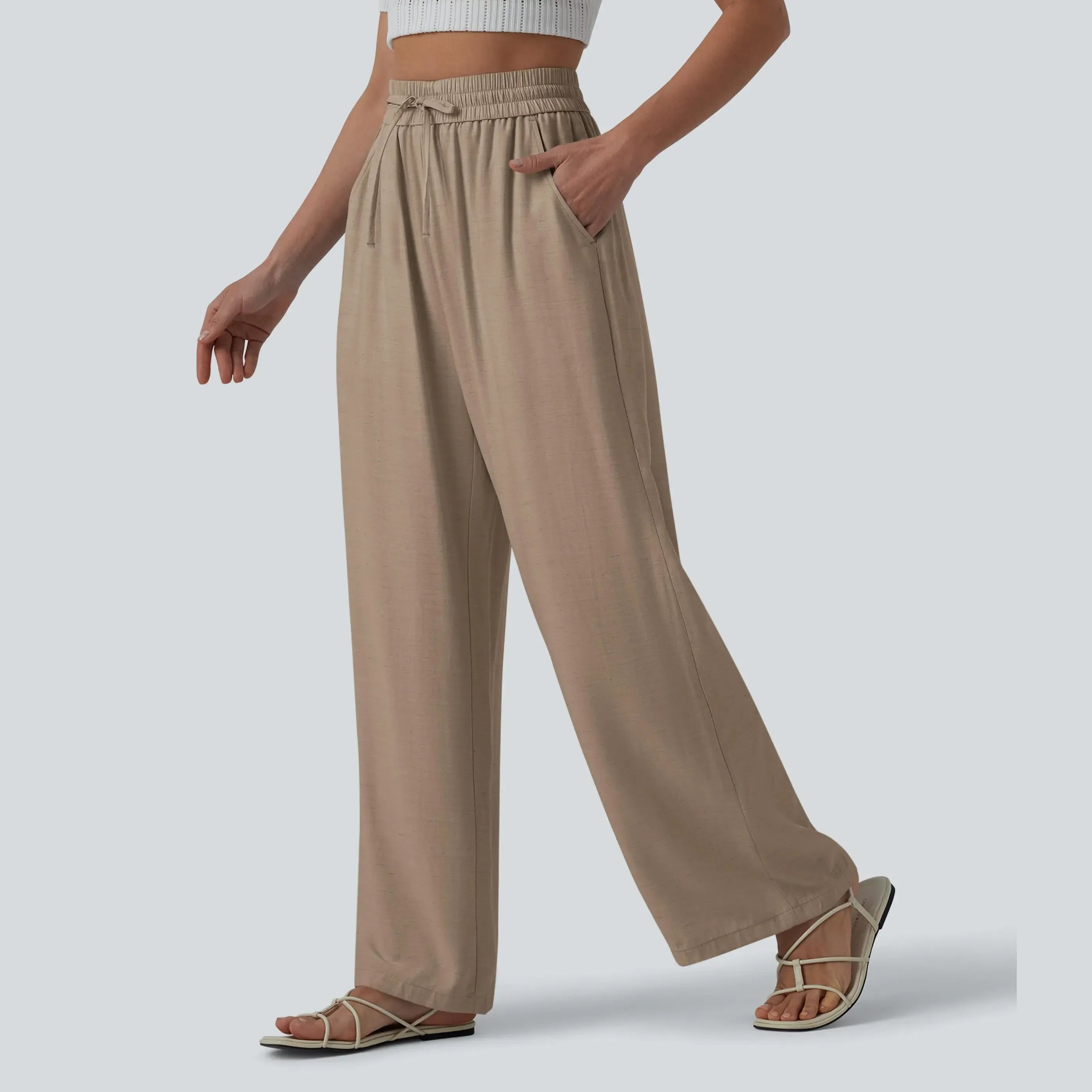 【Creator’s Pick】Halara High Waisted Drawstring Wide Leg Casual Linen-Blend Pants with Pockets
