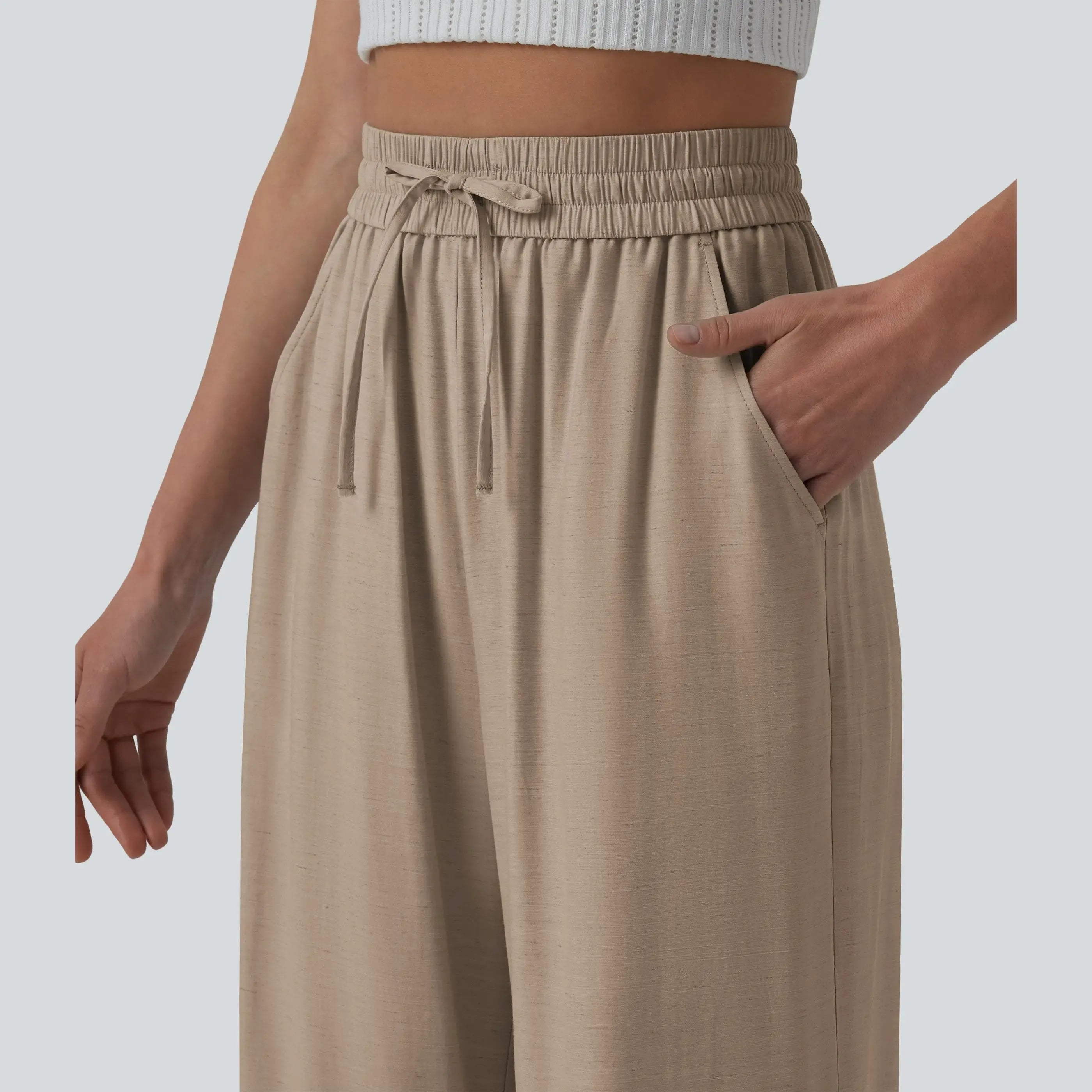 【Creator’s Pick】Halara High Waisted Drawstring Wide Leg Casual Linen-Blend Pants with Pockets