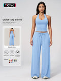 Women's Solid Halter Neck Top & Wide Leg Pants Sports Set, Casual Sleeveless Top & Pants for Daily Outdoor Wear, Ladies Sportswear for Tennis Running, Workout Clothes, Athletic Clothes Set