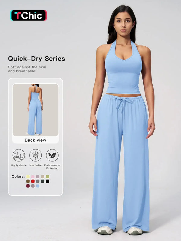 Women's Solid Halter Neck Top & Wide Leg Pants Sports Set, Casual Sleeveless Top & Pants for Daily Outdoor Wear, Ladies Sportswear for Tennis Running, Workout Clothes, Athletic Clothes Set