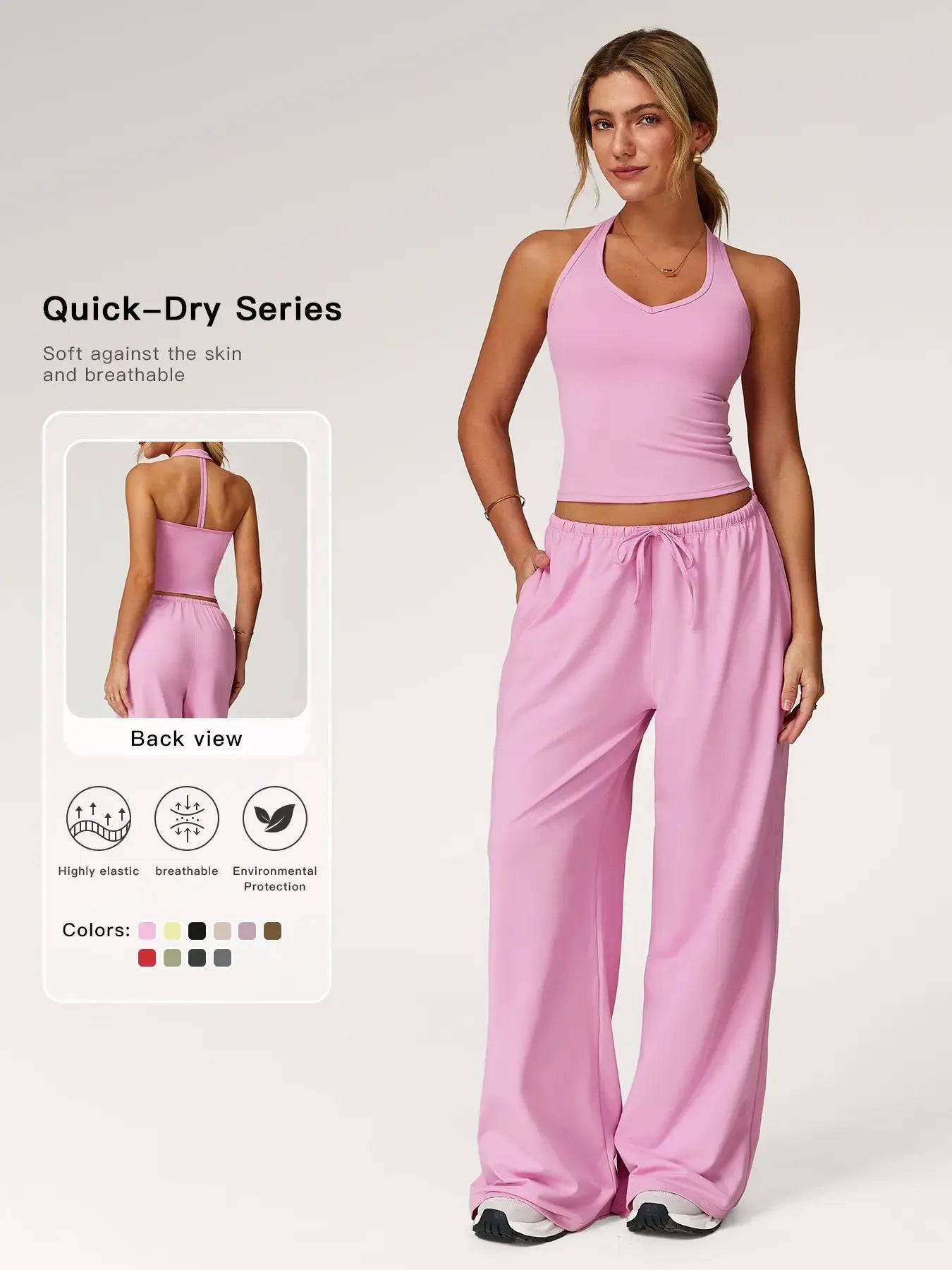 Women's Solid Halter Neck Top & Wide Leg Pants Sports Set, Casual Sleeveless Top & Pants for Daily Outdoor Wear, Ladies Sportswear for Tennis Running, Workout Clothes, Athletic Clothes Set