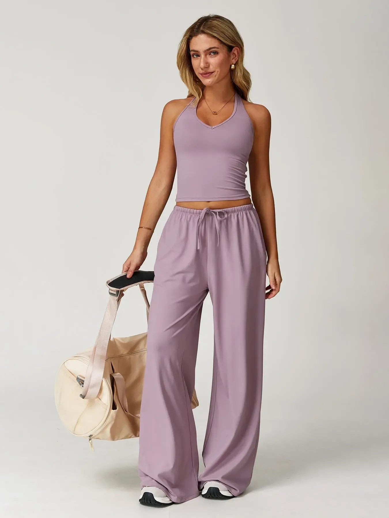 Women's Solid Halter Neck Top & Wide Leg Pants Sports Set, Casual Sleeveless Top & Pants for Daily Outdoor Wear, Ladies Sportswear for Tennis Running, Workout Clothes, Athletic Clothes Set