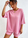 Women's Casual Loose Oversized Striped Set, Summer Short Sleeve Tee & Shorts, Airport Outfit, Home Wear, Sportswear, Fashionable Women's Clothing, Summer Lounge Sets