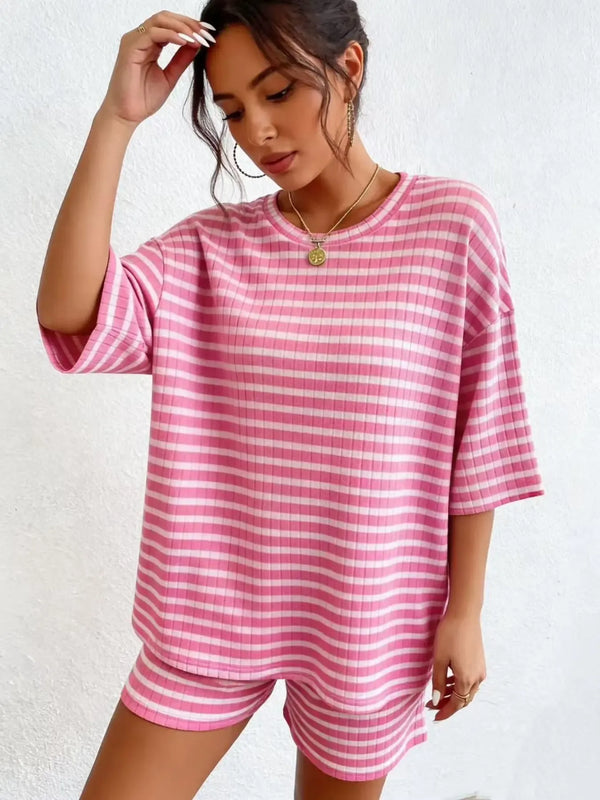 Women's Casual Loose Oversized Striped Set, Summer Short Sleeve Tee & Shorts, Airport Outfit, Home Wear, Sportswear, Fashionable Women's Clothing, Summer Lounge Sets