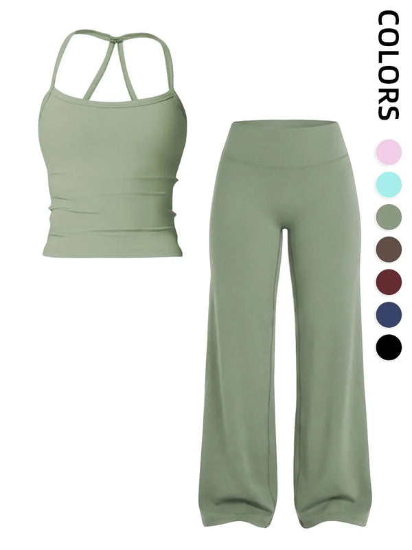 Women's Solid Color Tank Top and Wide Leg Pants Sportswear Set, Comfortable Fashion Yoga Pants for Fitness and Running
