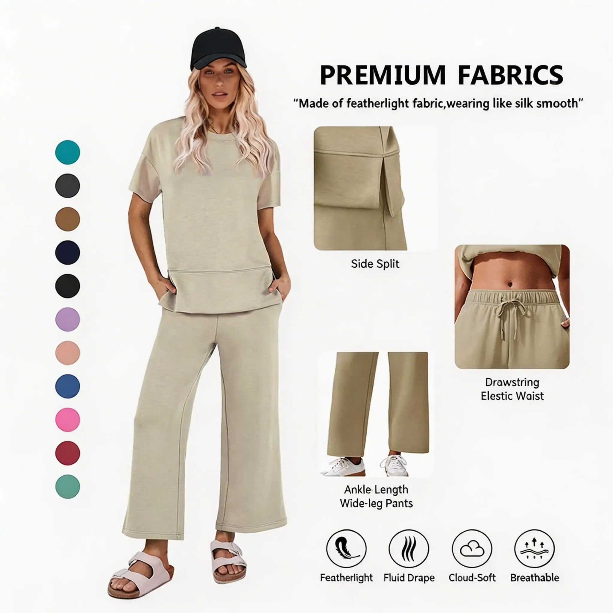 Pinspark Women's Two-Piece Set: Summer Outfit, Loose-Fitting Wide-Leg Pants, Casual Set: Perfect for the airport, the beach, and vacations; short sleeves; soft fabric; available in a variety of colors and sizes summerwins