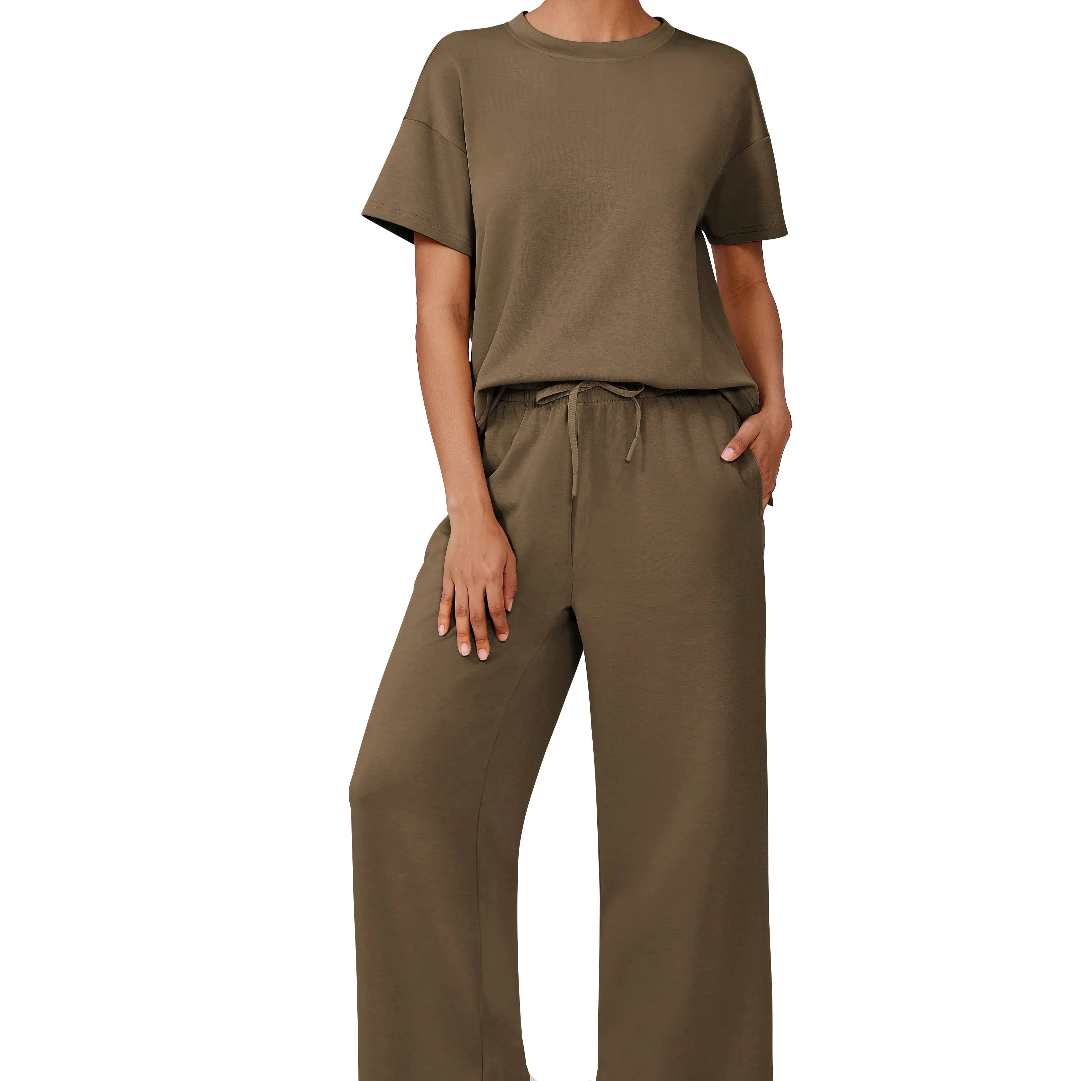 Pinspark Women's Two-Piece Set: Summer Outfit, Loose-Fitting Wide-Leg Pants, Casual Set: Perfect for the airport, the beach, and vacations; short sleeves; soft fabric; available in a variety of colors and sizes summerwins