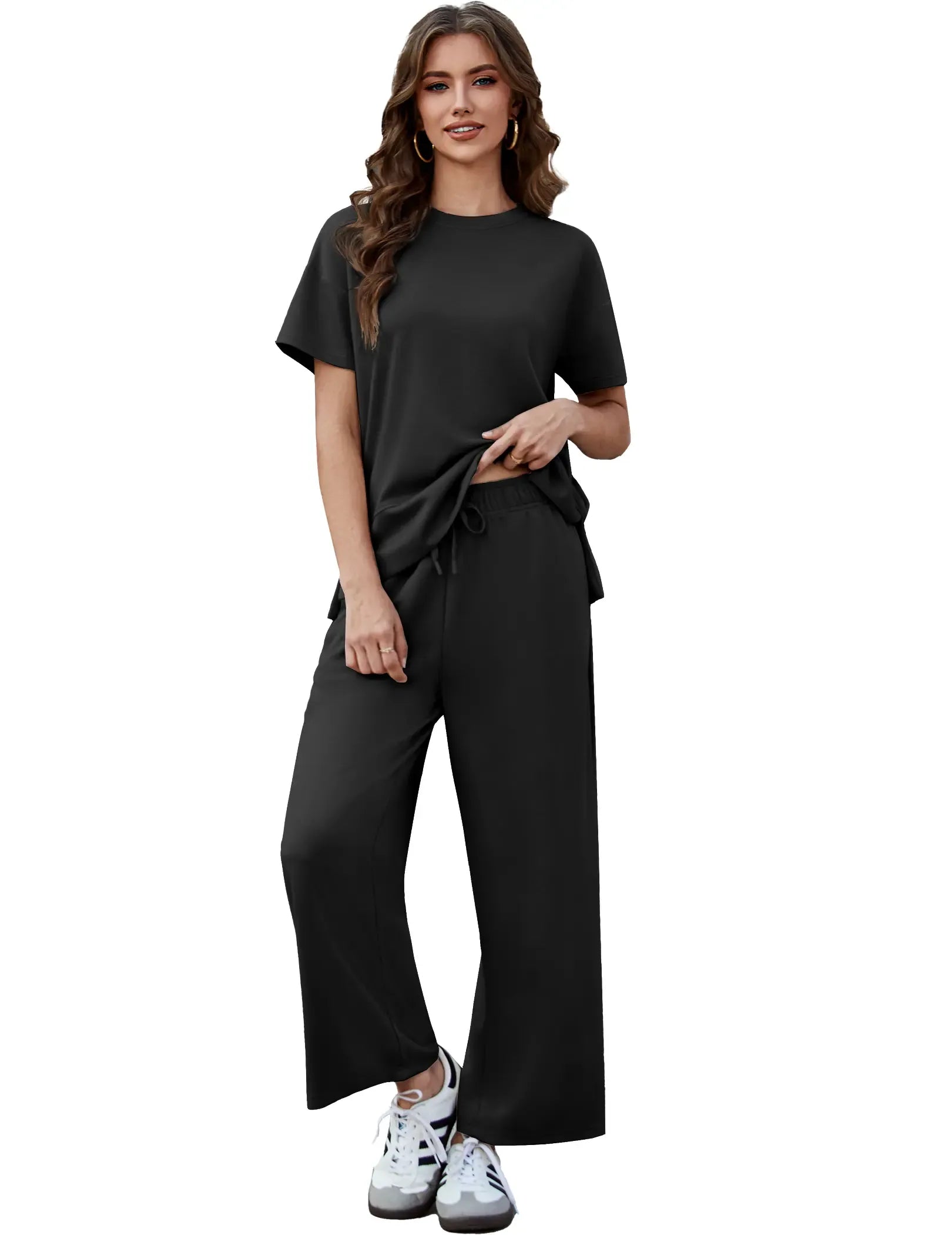 Pinspark Women's Two-Piece Set: Summer Outfit, Loose-Fitting Wide-Leg Pants, Casual Set: Perfect for the airport, the beach, and vacations; short sleeves; soft fabric; available in a variety of colors and sizes summerwins
