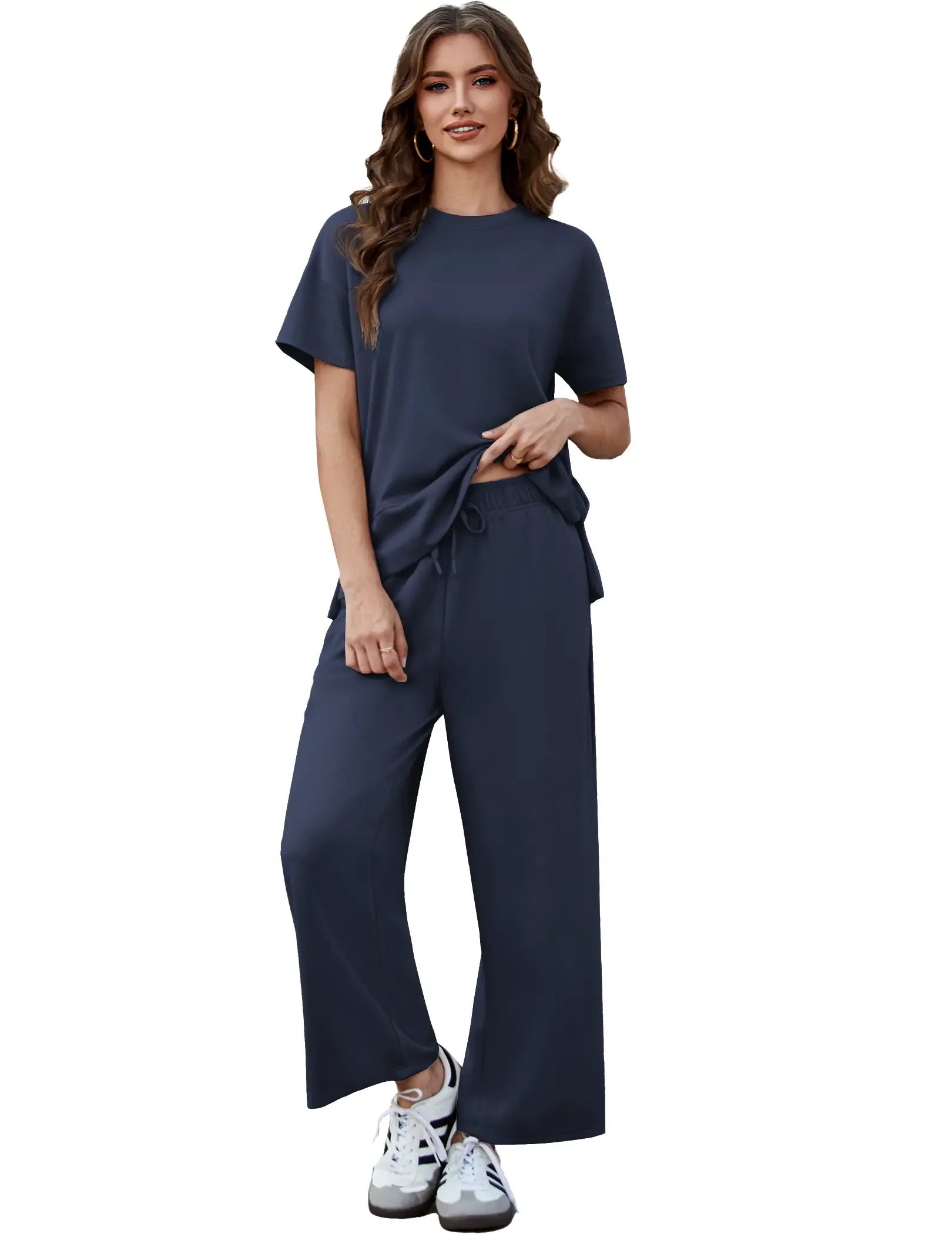 Pinspark Women's Two-Piece Set: Summer Outfit, Loose-Fitting Wide-Leg Pants, Casual Set: Perfect for the airport, the beach, and vacations; short sleeves; soft fabric; available in a variety of colors and sizes summerwins