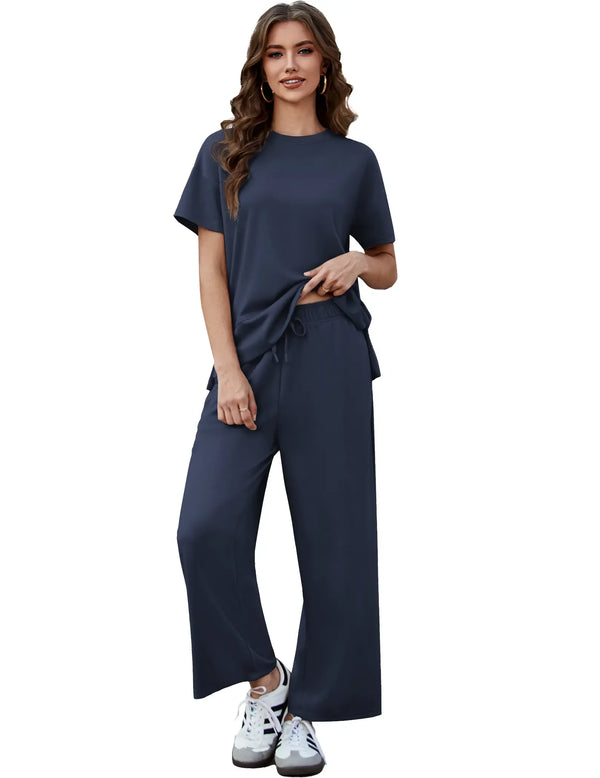 Pinspark Women's Two-Piece Set: Summer Outfit, Loose-Fitting Wide-Leg Pants, Casual Set: Perfect for the airport, the beach, and vacations; short sleeves; soft fabric; available in a variety of colors and sizes summerwins