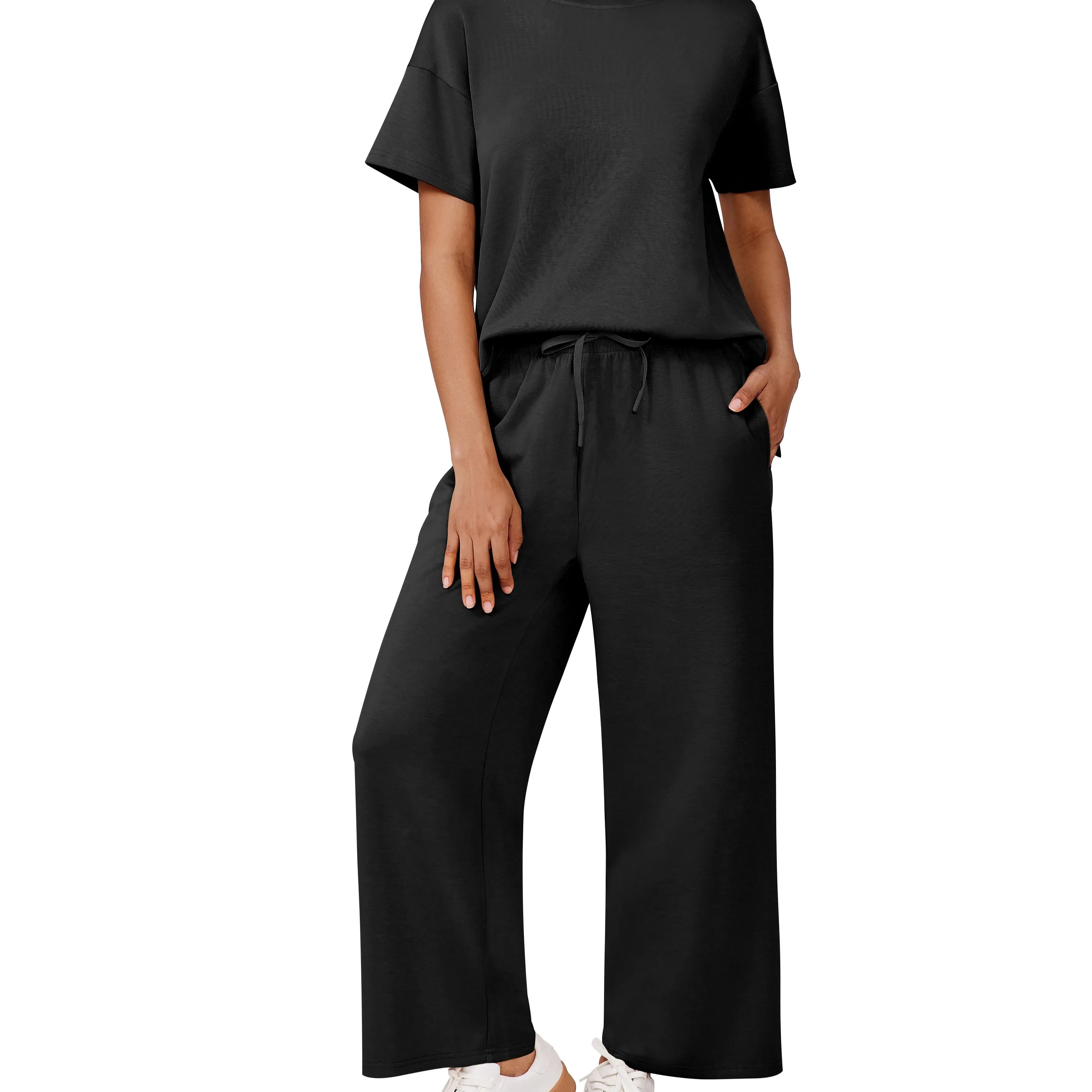 Pinspark Women's Two-Piece Set: Summer Outfit, Loose-Fitting Wide-Leg Pants, Casual Set: Perfect for the airport, the beach, and vacations; short sleeves; soft fabric; available in a variety of colors and sizes summerwins