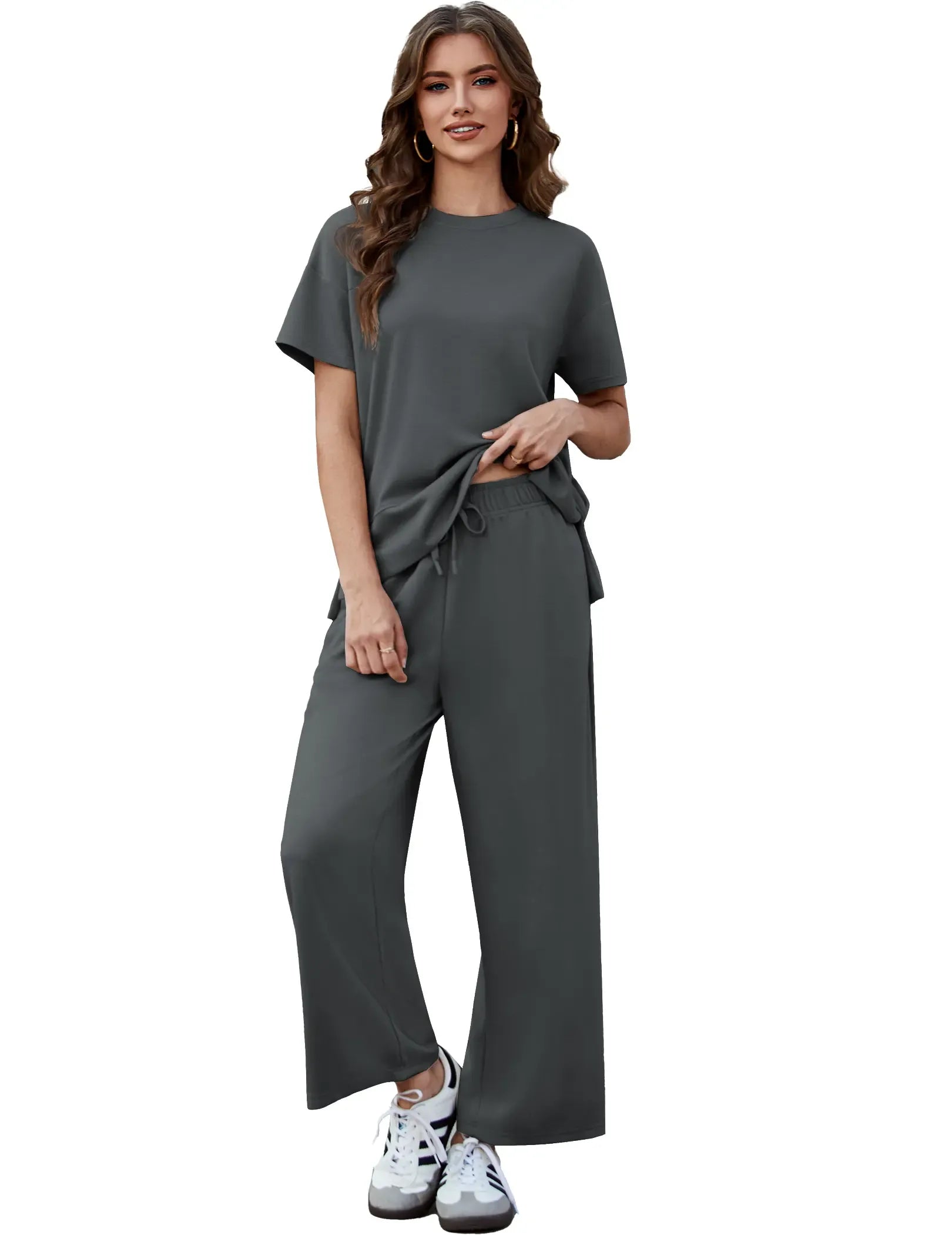 Pinspark Women's Two-Piece Set: Summer Outfit, Loose-Fitting Wide-Leg Pants, Casual Set: Perfect for the airport, the beach, and vacations; short sleeves; soft fabric; available in a variety of colors and sizes summerwins
