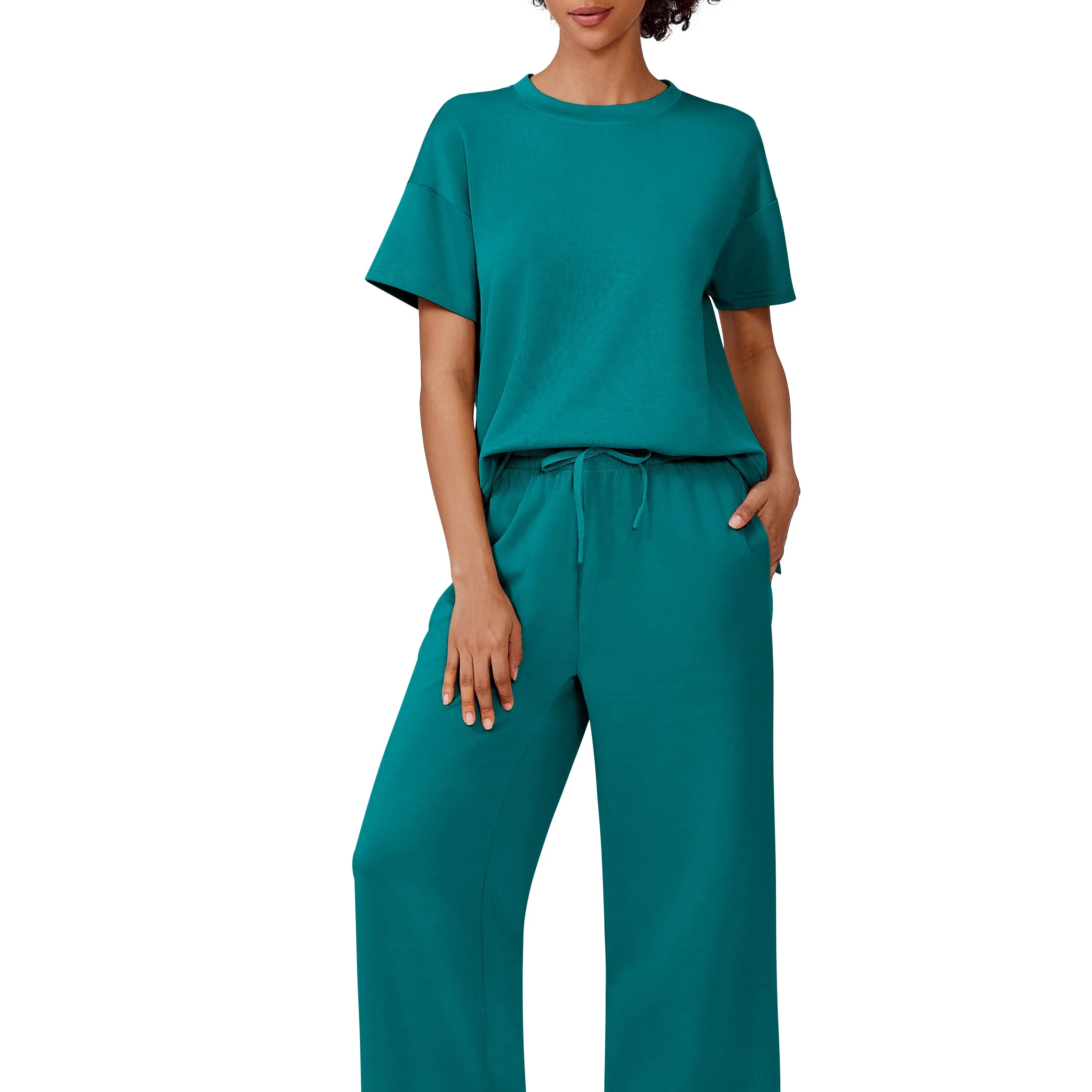 Pinspark Women's Two-Piece Set: Summer Outfit, Loose-Fitting Wide-Leg Pants, Casual Set: Perfect for the airport, the beach, and vacations; short sleeves; soft fabric; available in a variety of colors and sizes summerwins