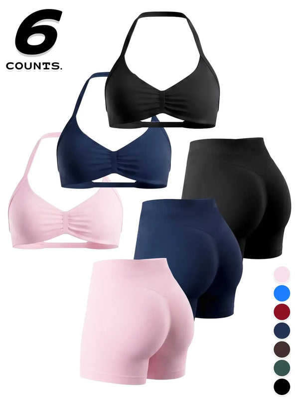 Women's Sporty 6-Piece Set, Seamless Comfortable Backless Padded Sports Bra & High-Elastic Yoga Shorts, All-Seasons Activewear