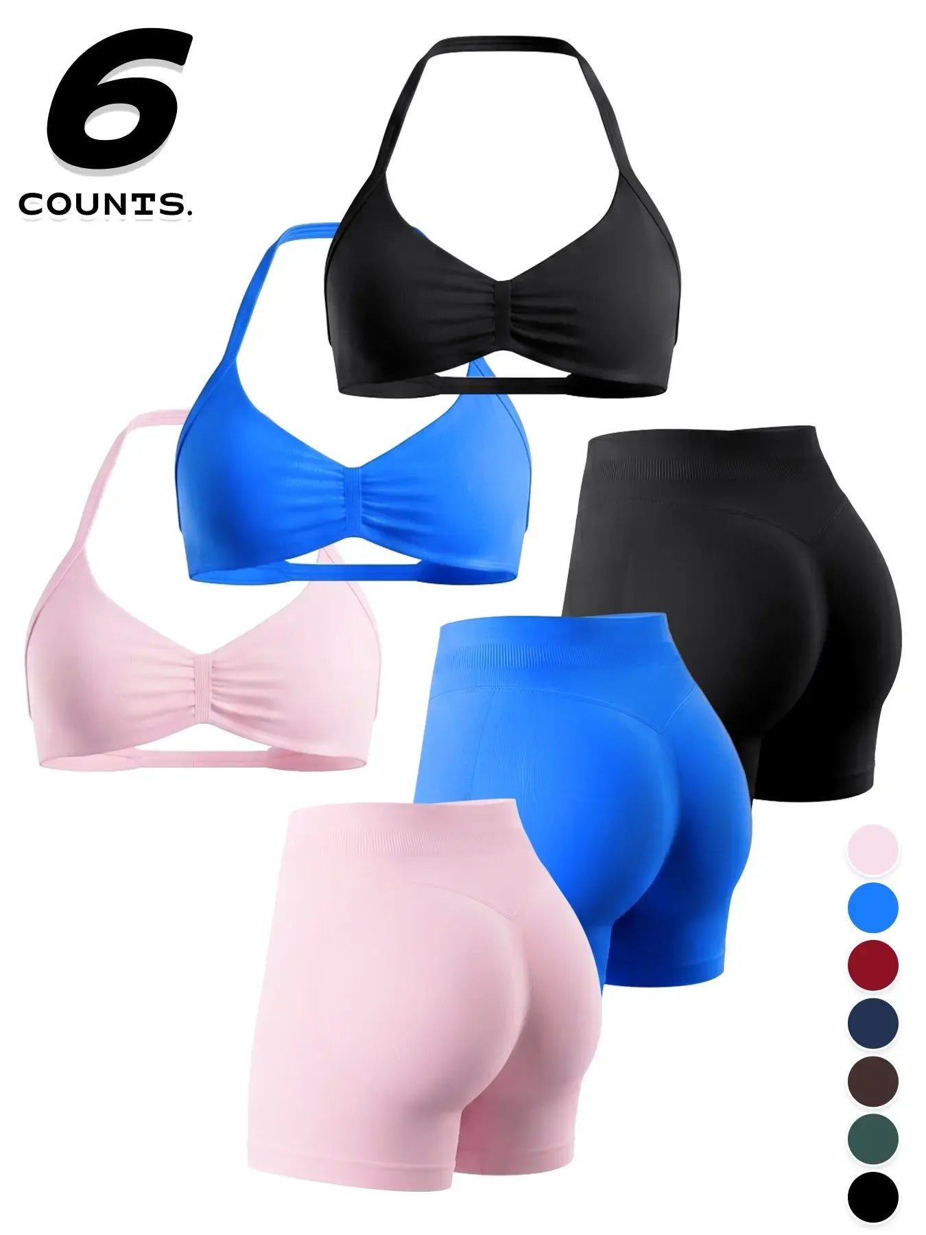 Women's Sporty 6-Piece Set, Seamless Comfortable Backless Padded Sports Bra & High-Elastic Yoga Shorts, All-Seasons Activewear