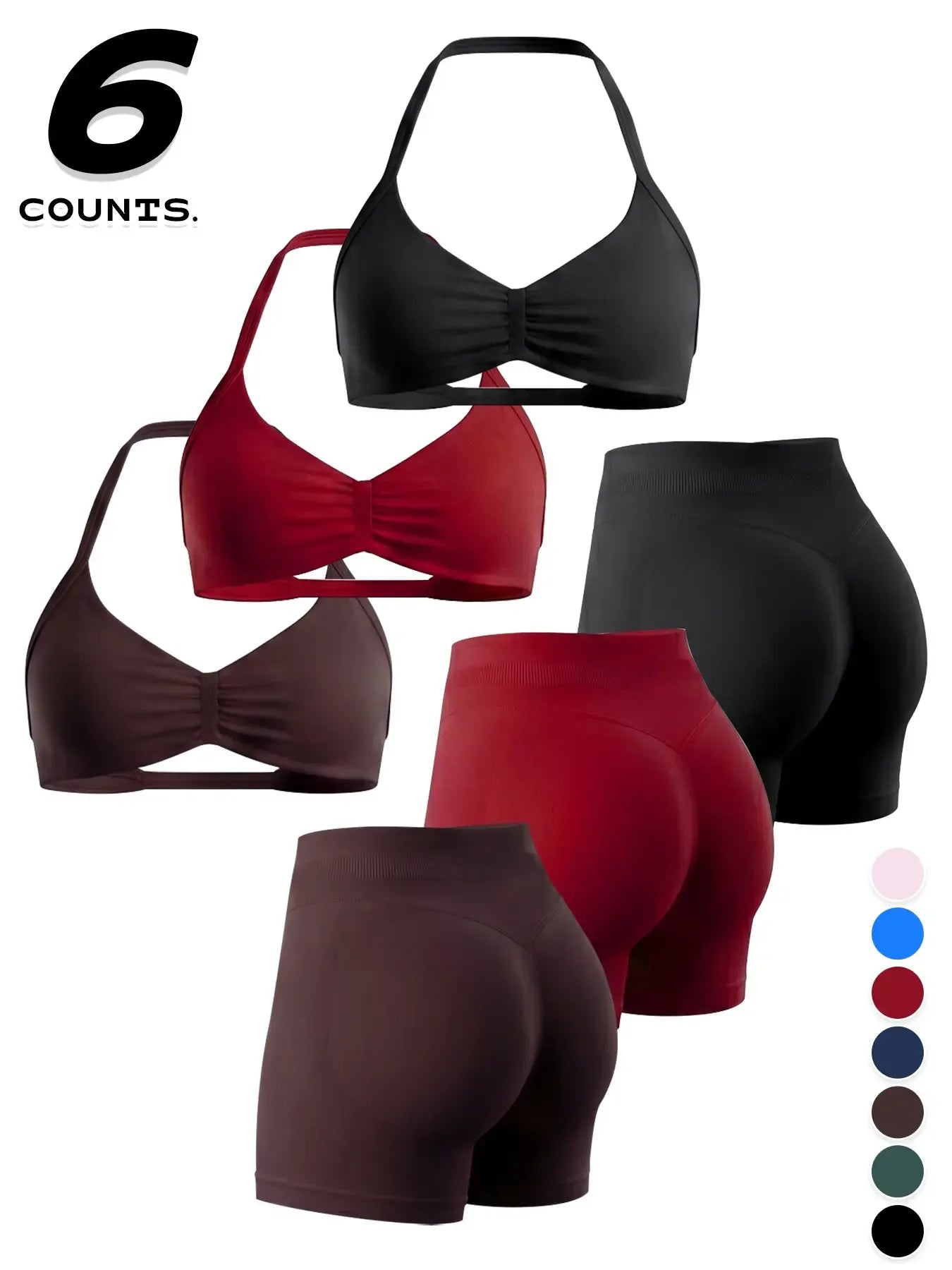 Women's Sporty 6-Piece Set, Seamless Comfortable Backless Padded Sports Bra & High-Elastic Yoga Shorts, All-Seasons Activewear