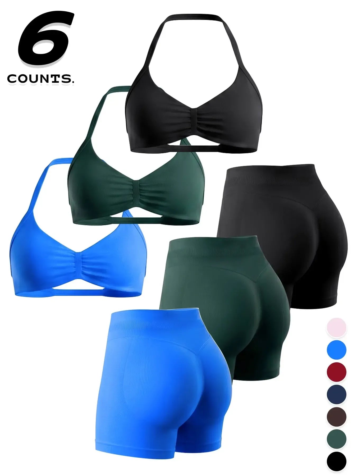 Women's Sporty 6-Piece Set, Seamless Comfortable Backless Padded Sports Bra & High-Elastic Yoga Shorts, All-Seasons Activewear