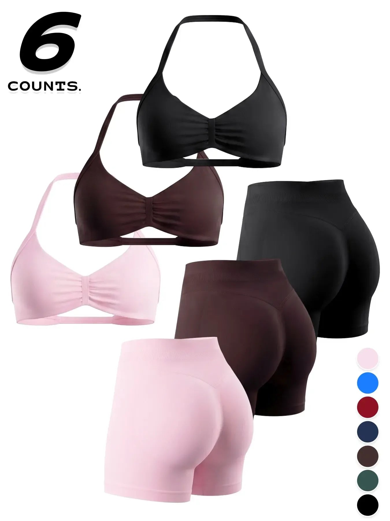 Women's Sporty 6-Piece Set, Seamless Comfortable Backless Padded Sports Bra & High-Elastic Yoga Shorts, All-Seasons Activewear