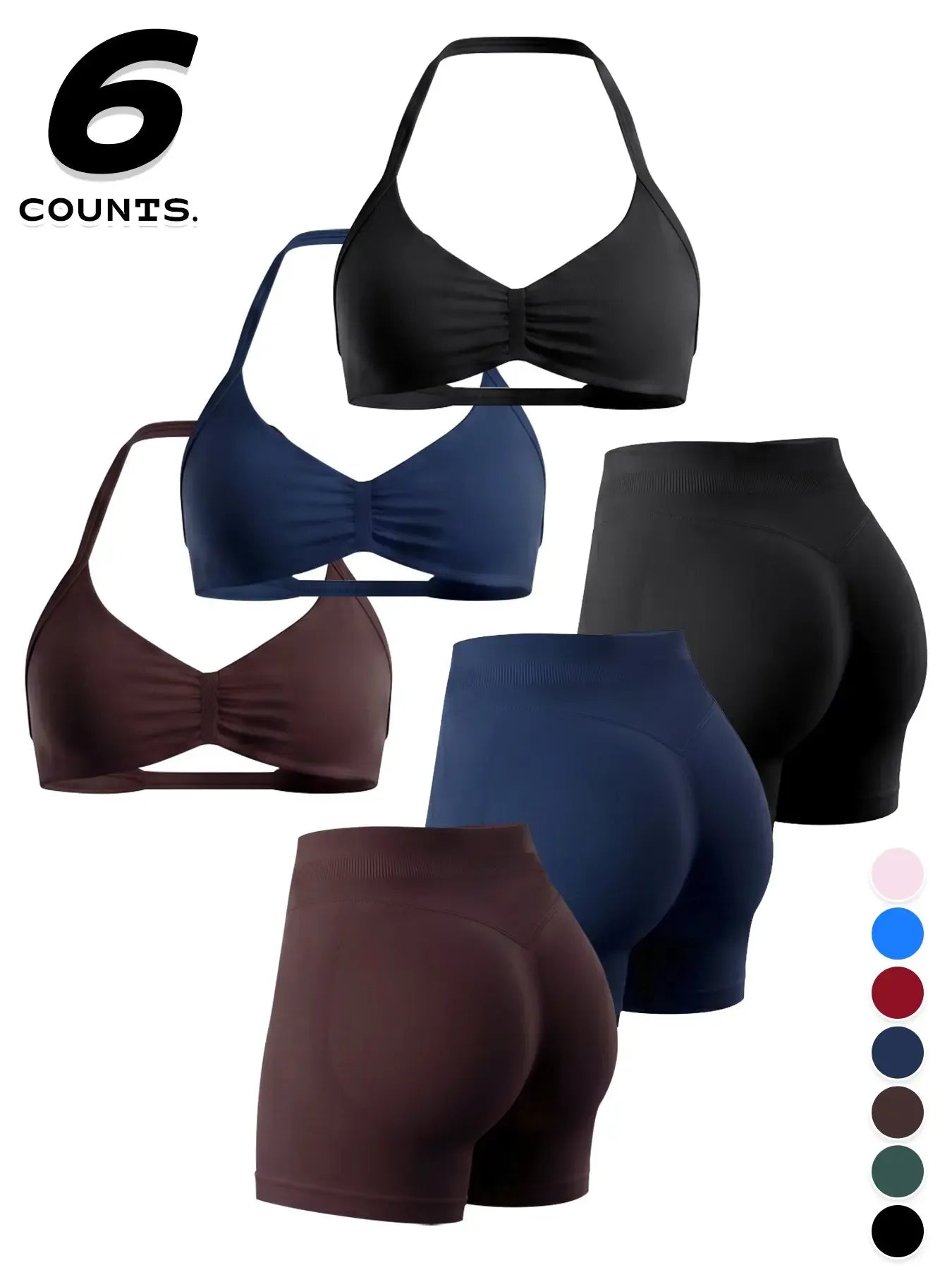 Women's Sporty 6-Piece Set, Seamless Comfortable Backless Padded Sports Bra & High-Elastic Yoga Shorts, All-Seasons Activewear