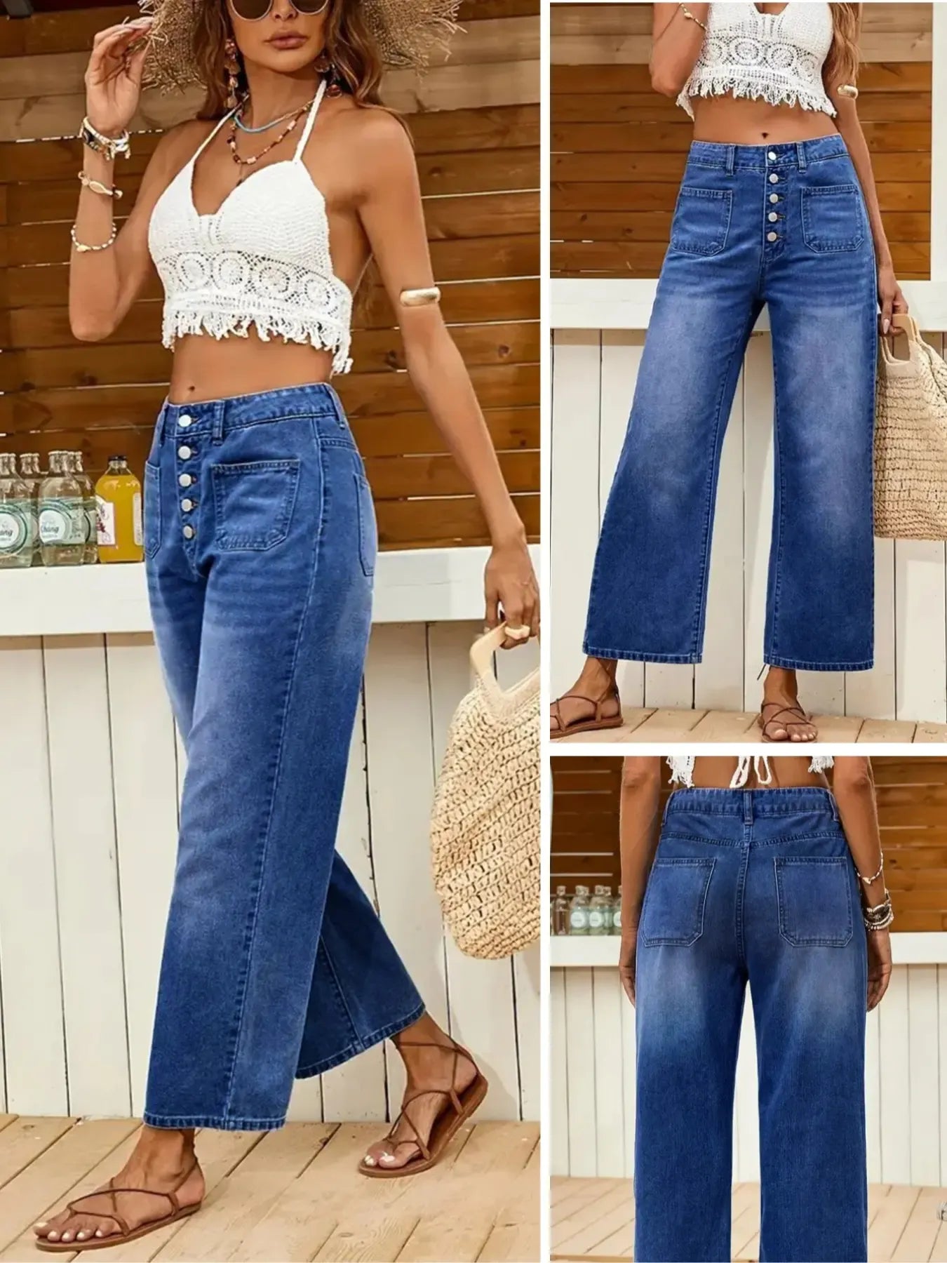 Women's Denim Jeans, Loose Casual Fit Multi-Buckle Button Mid-Thigh Jeans, Comfortable Stretch Wide-Leg Daily Wear Pants Womenswear